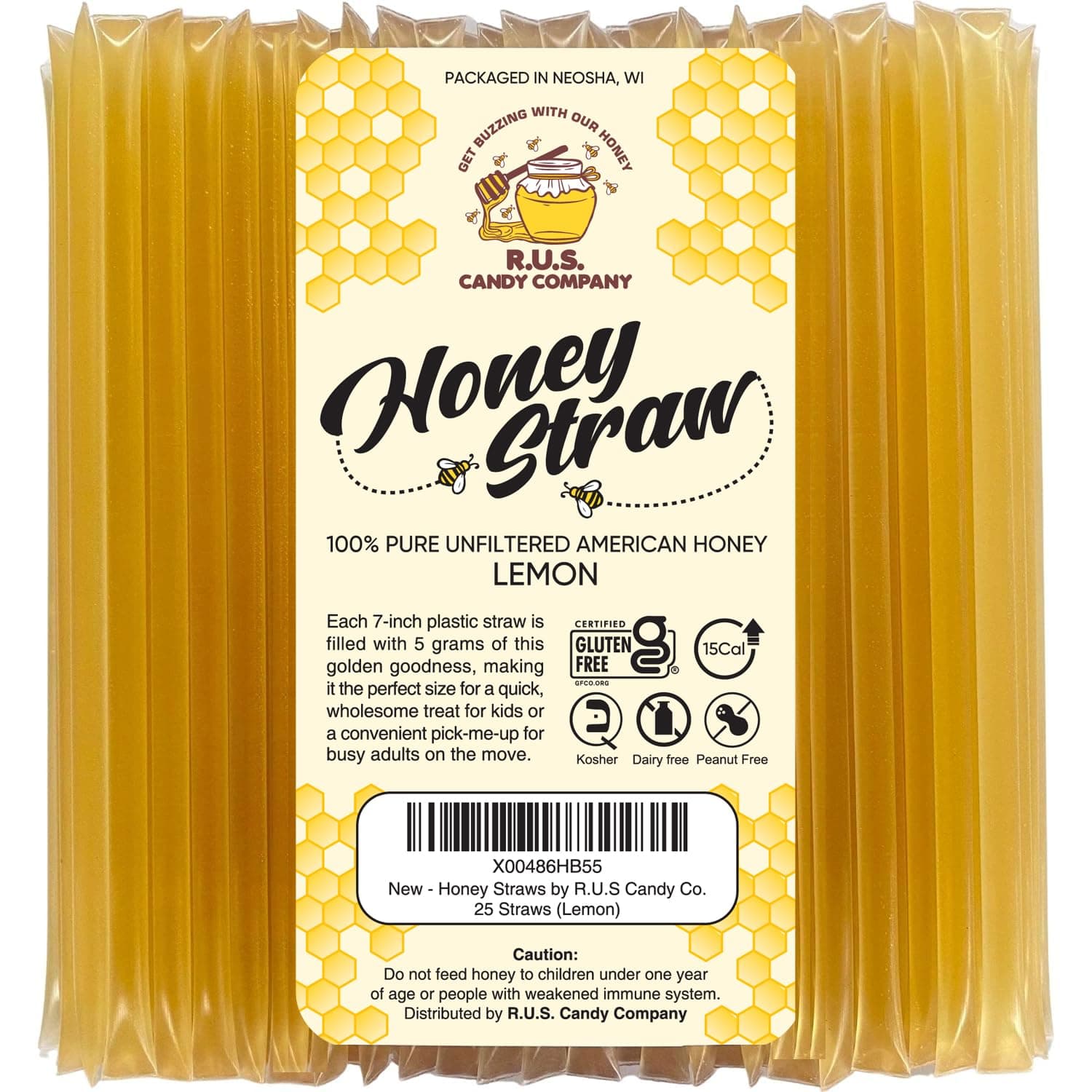 25 Pack Honey Sticks For Tea, Snacking, Honey Straws Packets Single Serve Stir Sticks, Natural Flavor by R.U.S Candy Company- (Lemon)