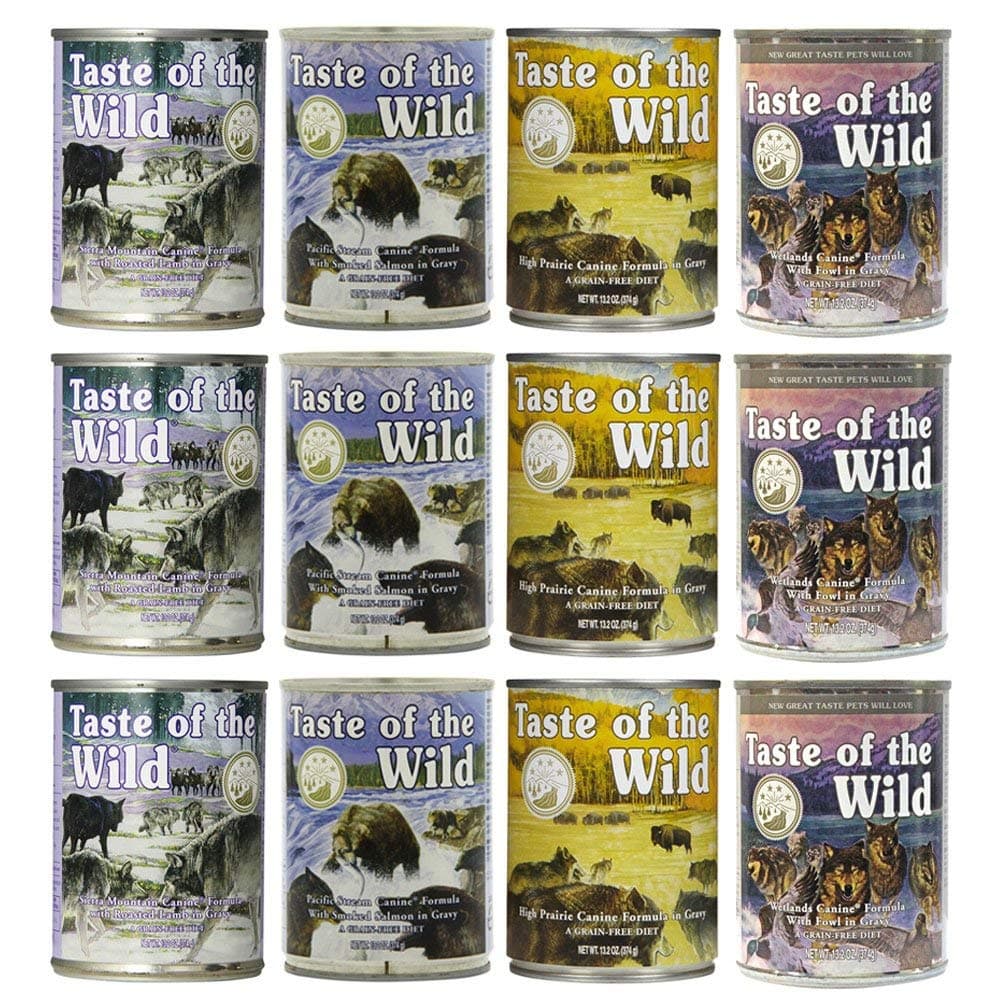 Grain-Free Canned Dog Food Variety Pack - Wetlands, Pacific Stream, High Prairie, and Sierra Mountain (Pack of 12, 13.2 oz cans) by Taste of The Wild