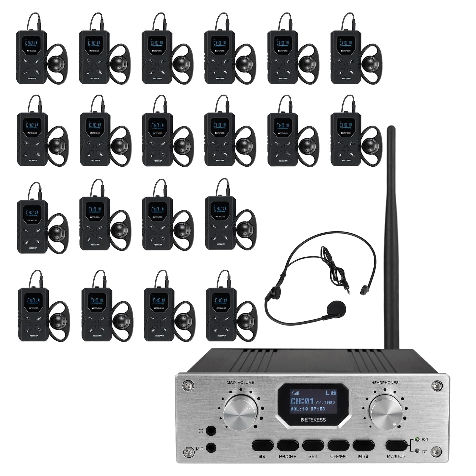 Retekess TT119 Assistive Listening System, Church Translation System with Interpreter Monitor, Stereo Input, 300m/980ft, Simultaneous Interpretation Equipment for School (1 Transmitters 20 Receivers)