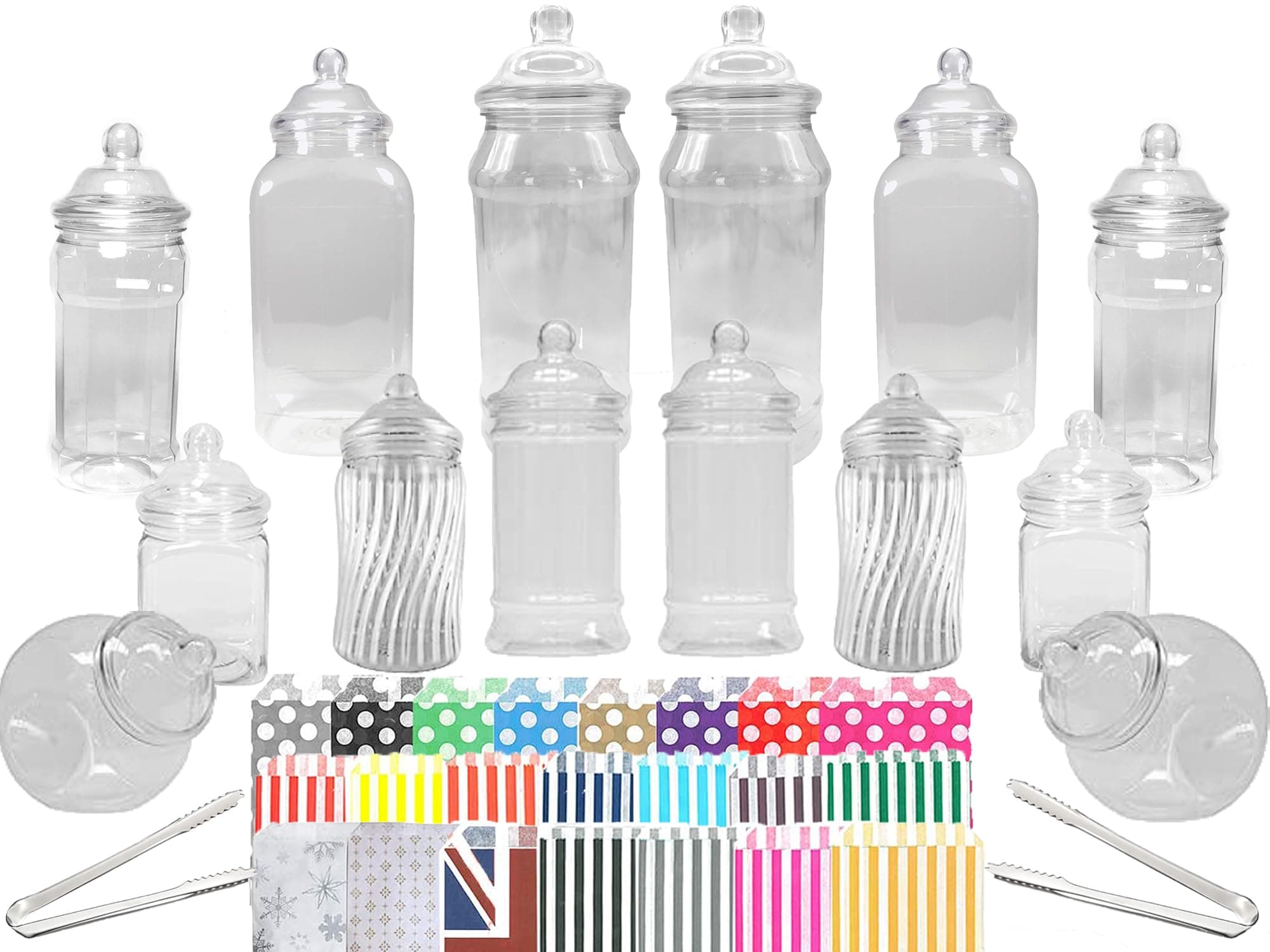 14 Plastic Sweet Jars, 7 Styles, 2 Tongs and 50 Bags. Ideal for Party, Wedding, Sweet Table, Candy Buffet (Rainbow Polka Dot Mix)