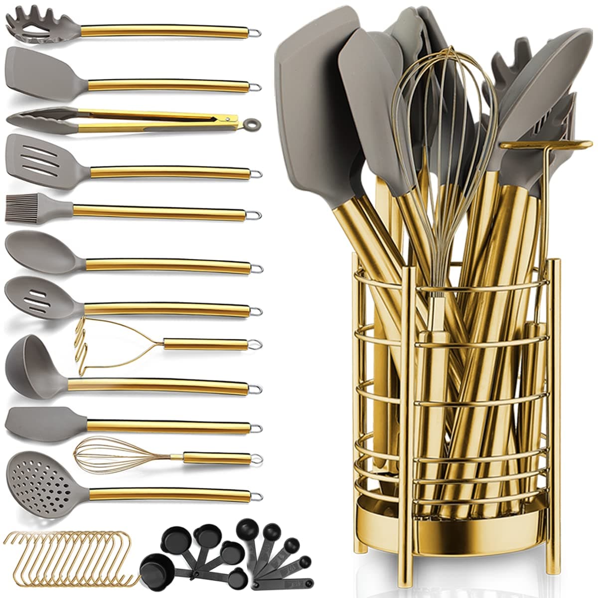 Berglander Gold Kitchen Utensils Set, 38 Pieces Non-stick Silicone Cooking Tools Spoon Spatula Set With Sturdy Stainless Steel Utensil Holder, Dishwasher Safe