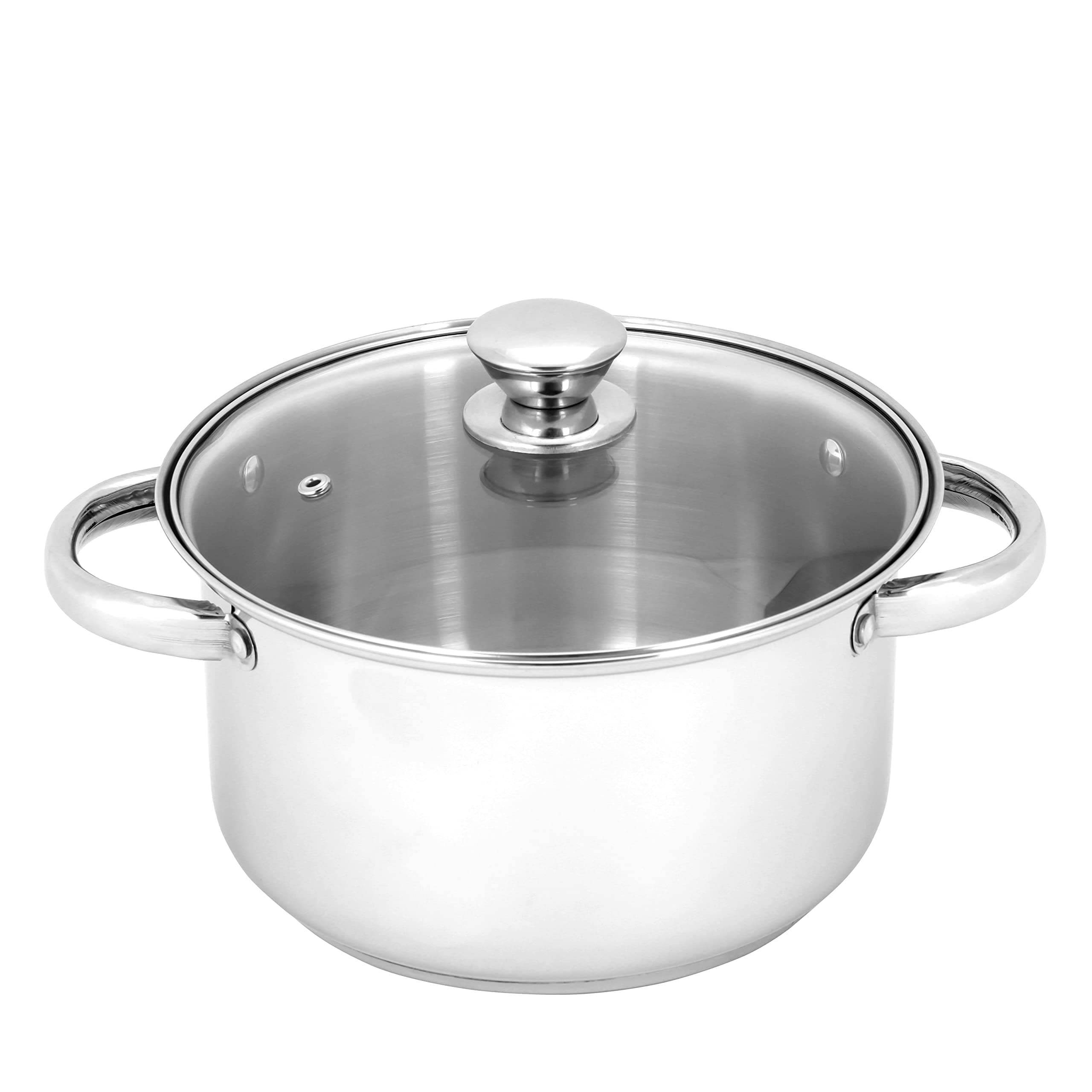 Royalford 22cm Massilia Stainless Steel Stockpot with Glass Lid- RF11593 Perfect for Simmering, Boiling, Steaming, Etc Equipped with Strong and Sturdy Riveted Handles, Silver