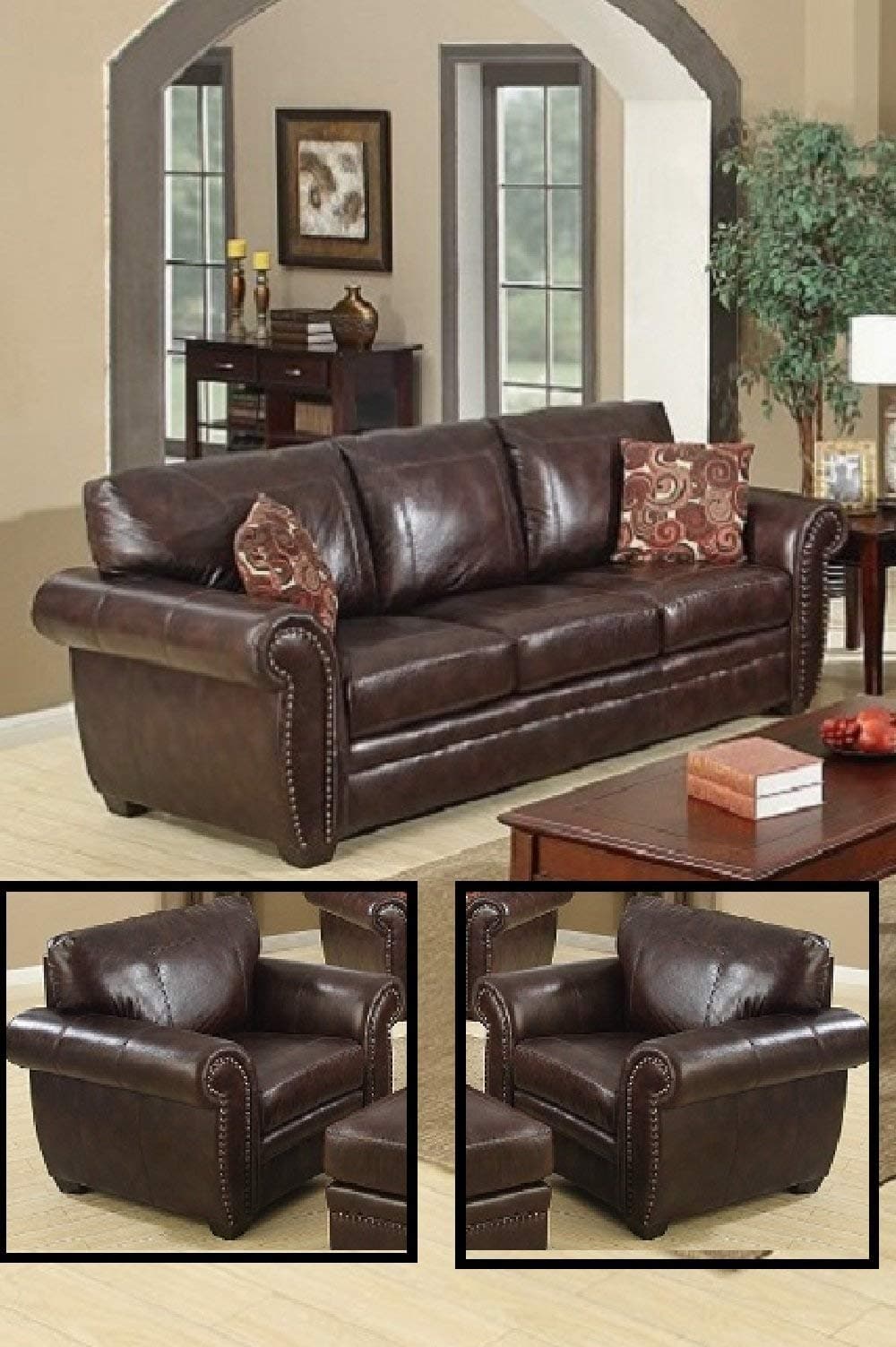 SC Furniture LtdBrown Genuine Leather 3 Seater Sofa + 2 Leather Armchairs Sofa Suite HIGHBURY