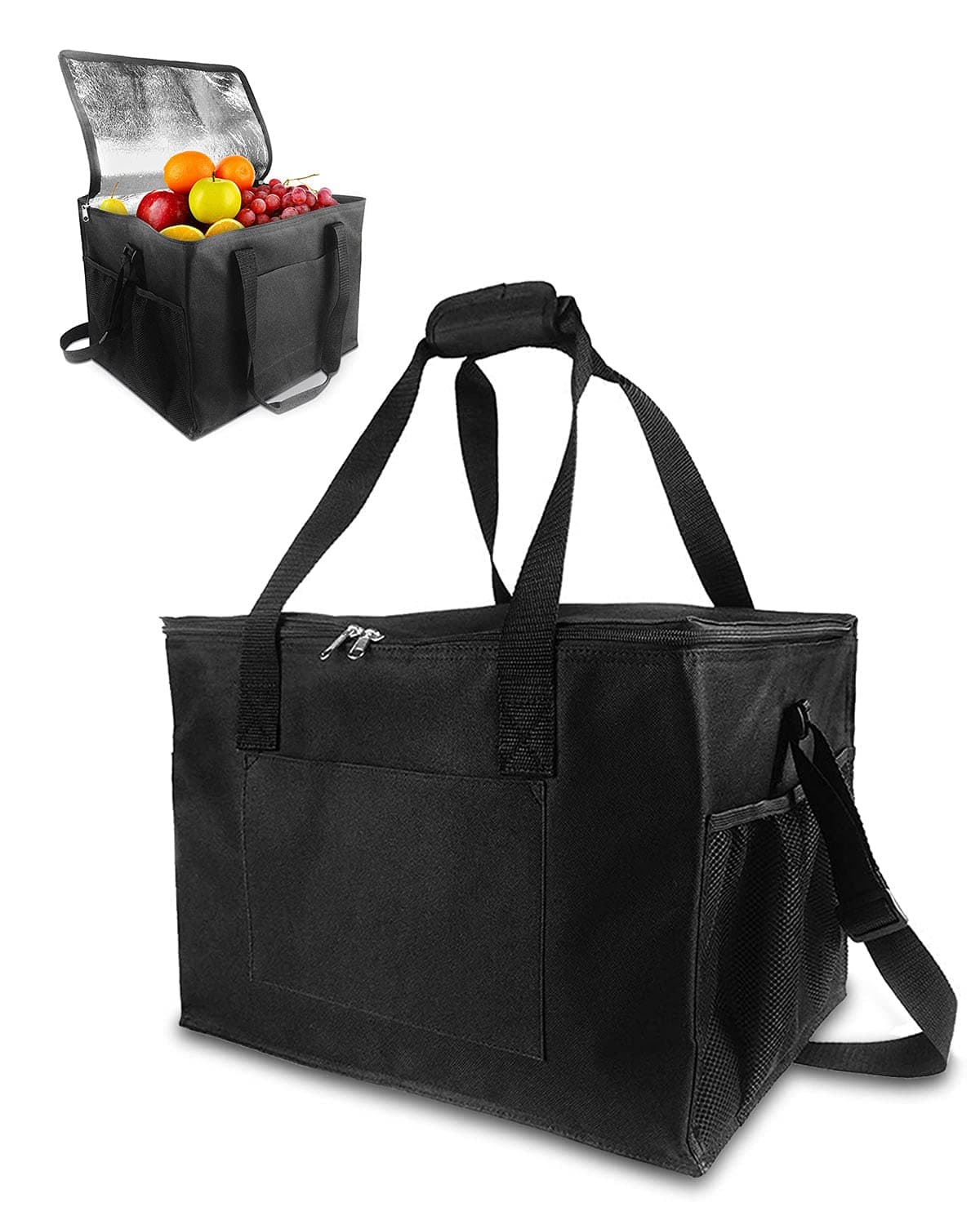 MOXTOYU35L Cooler Bag, Large Lunch Cooler Bag with Adjustable Shoulder Strap, 2 Side Holder and Handle Straps Cool Box for Picnic, Ice Packs for Foldable Cooling Bags for BBQ, Party, Camping (Black)