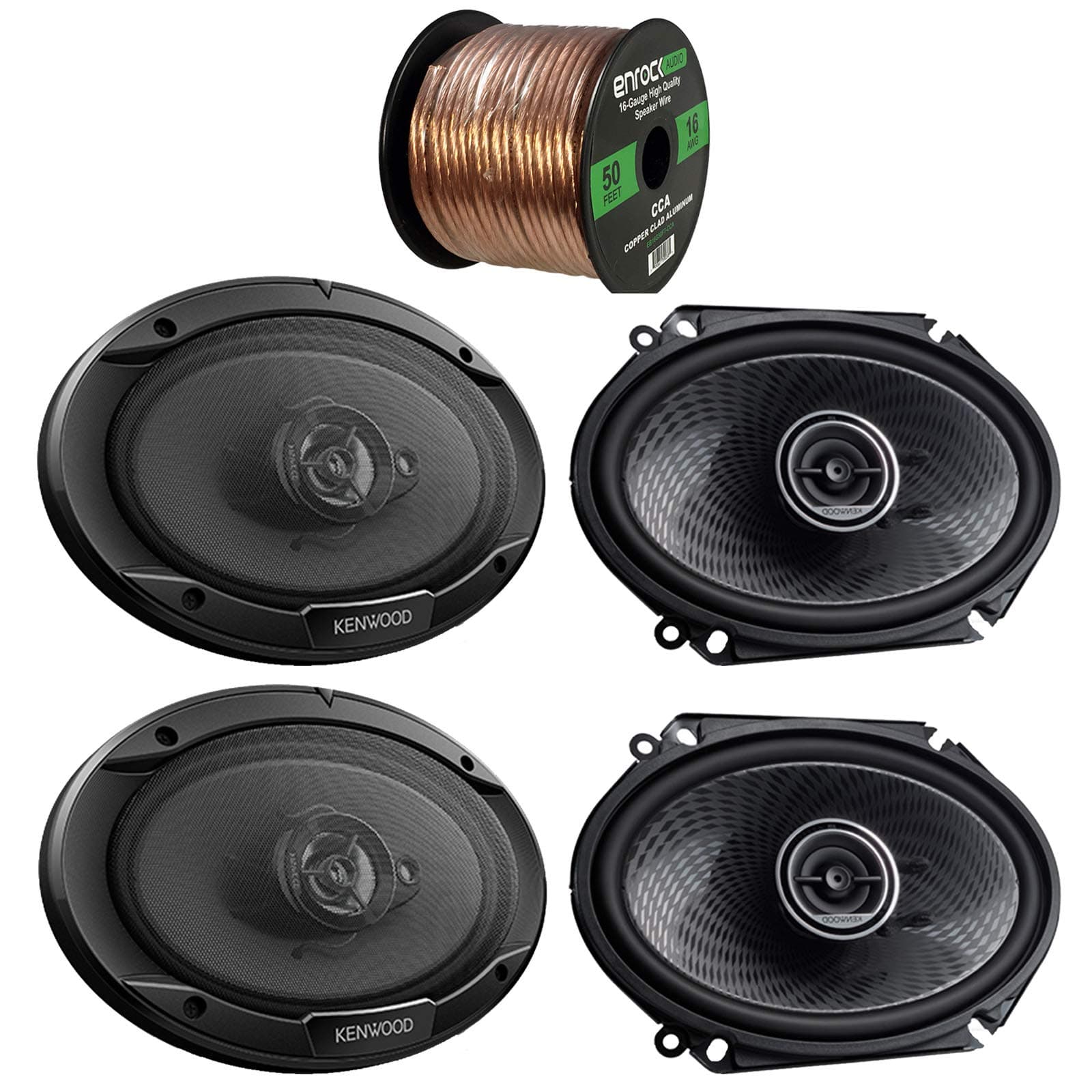 2 Pair Car Speaker Package of 2X Kenwood 720-Watt 6x8 Inch 2-Way Black Coaxial Custom Fit Speakers + 2X 6x9 400 Watt Peak Power 3-Way Car Audio Speaker + Enrock 16g 50 Ft Speaker Wire