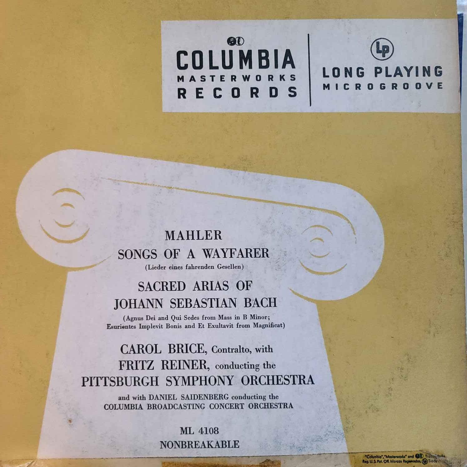 Mahler, Songs of a Wayfarer - Sacred Arias of J. S. Bach - Carol Brice w/ Fritz Reiner - Columbia ML 4108