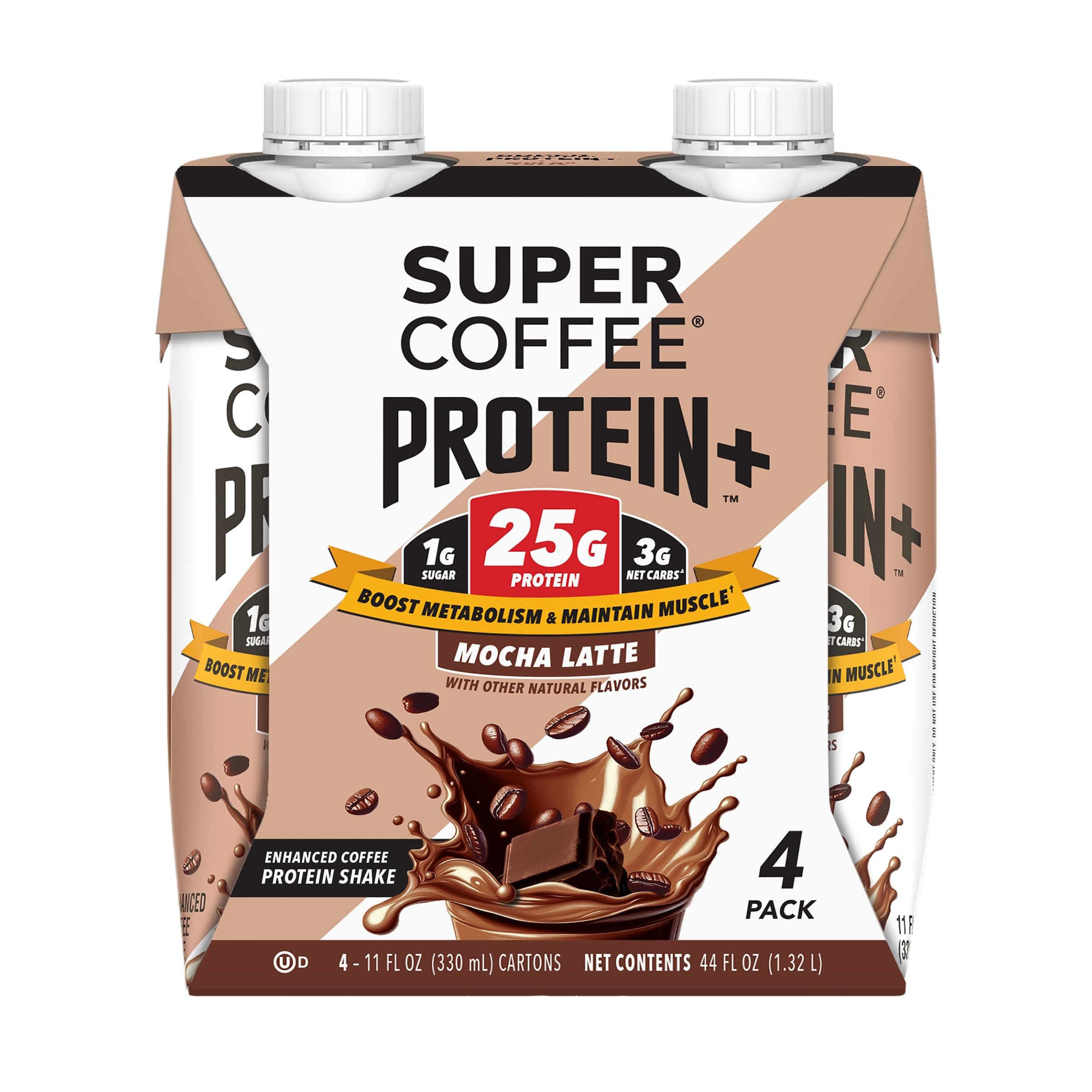 SUPER COFFEE Protein+, Keto Protein Coffee (0g Added Sugar, 25g Protein, 150 Calories) [Mocha] 11 Fl Oz, 12 Pack | Iced Smart Coffee Drinks