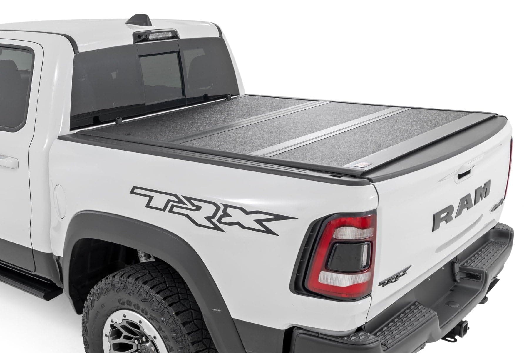 Rough Country Hard Low Profile Tri-Fold Tonneau Cover for Ram 1500 (2019-2026) & 1500 TRX (2021-2024) – Flush Mount Aluminum Bed Cover
