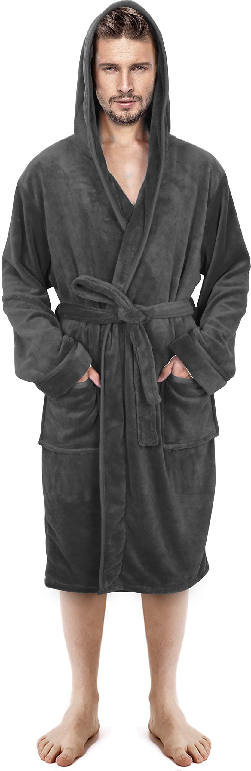 – Mens Dressing Gowns Fleece Fluffy Hooded Bathrobe Men Warm Luxury Housecoat and Nightgown