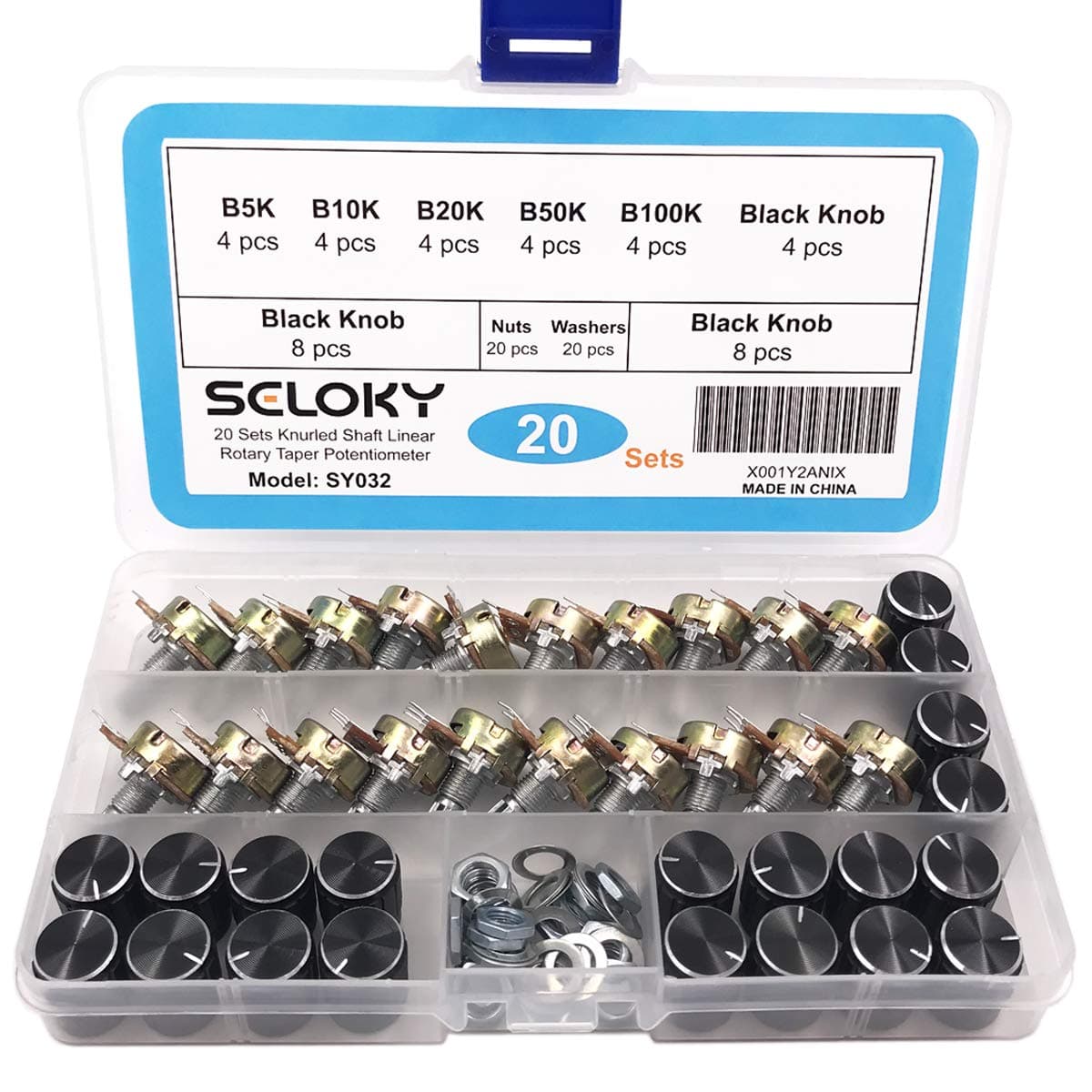 Seloky 20 PCS (B5K-B100K) 5K-100K Ohm Knurled Shaft Linear Rotary Taper Potentiometer with Black Knob(WH148) Kit