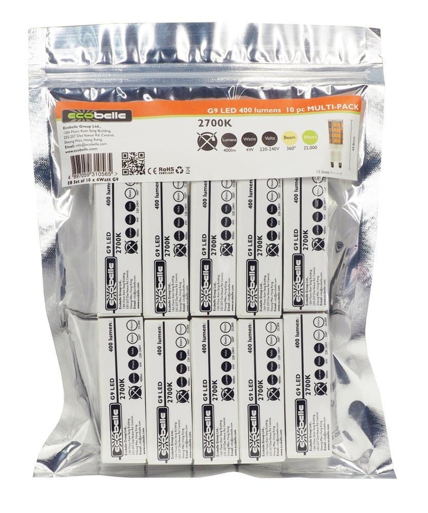 ECOBELLE® 10 x LED G9 Bulb 4W 400 Lumen (Equal to More Than 40W) Warm White 2700K, ⌀15.5 mm x 49.8mm, 360°, Value Pack [Energy Class A+]