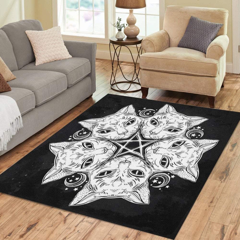 Pinbeam Area Rug Black Cat Head Round Portrait Mandala Moon Pentagram Home Decor Floor Rug 3' x 5' Carpet
