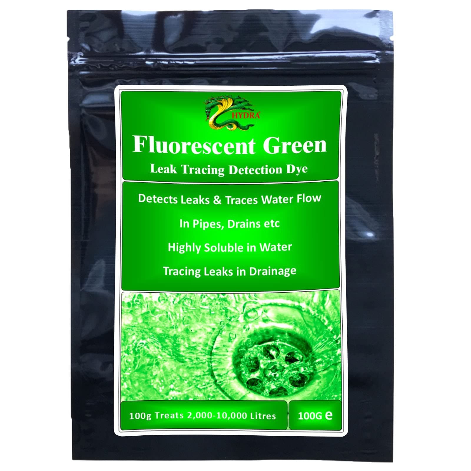 Hydra Water Leak Detection Dye - Leake Tracer Dye Traces Leaks in Drains, Pipes & Pools | Fluorescent Drain Tracing Dye | 100GM