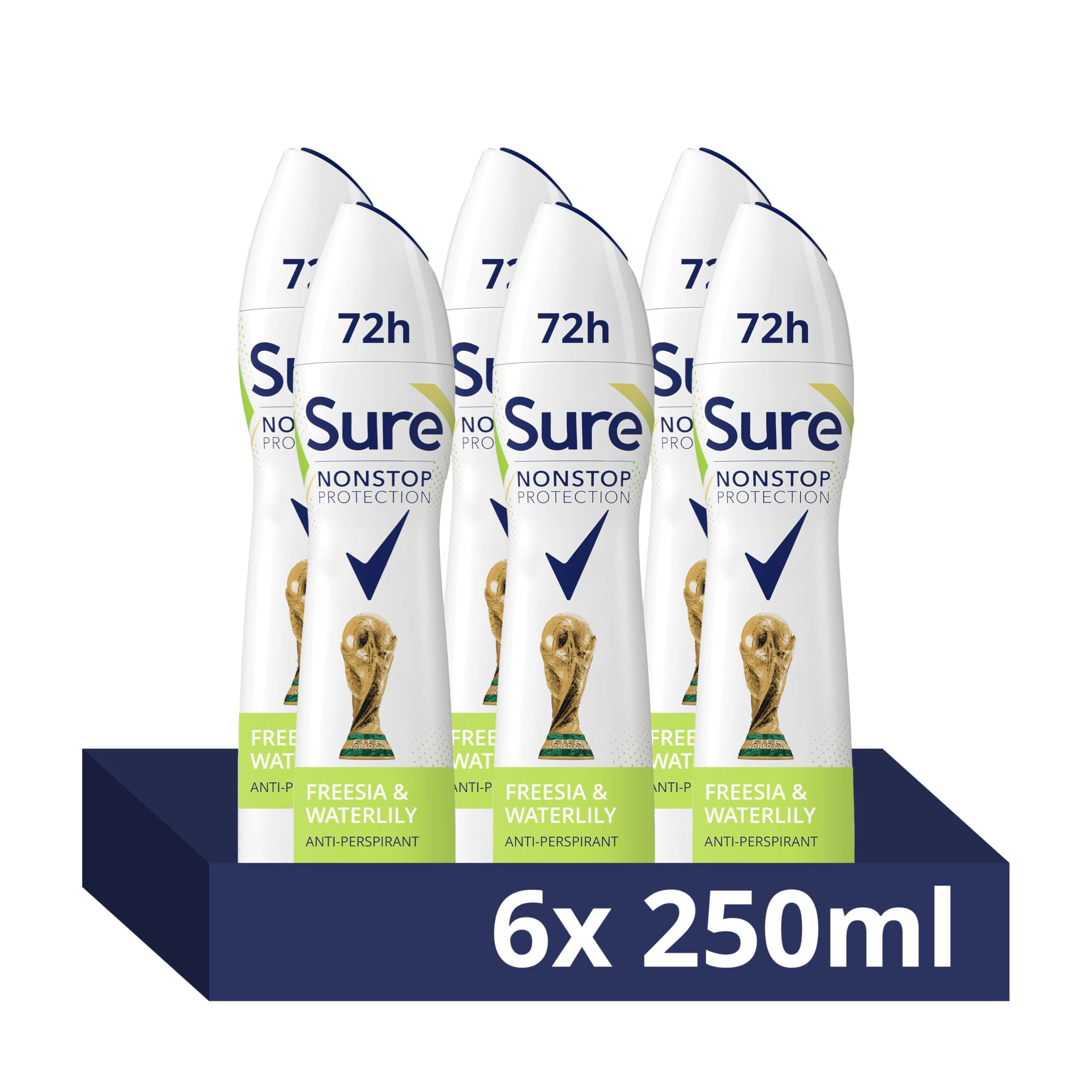 Sure Women Nonstop Protection Freesia & Water Lily Antiperspirant Deodorant Aerosol pack of 6 deodorant for women for 72-hour sweat and odour protection 250 ml, 250.0 milliliters