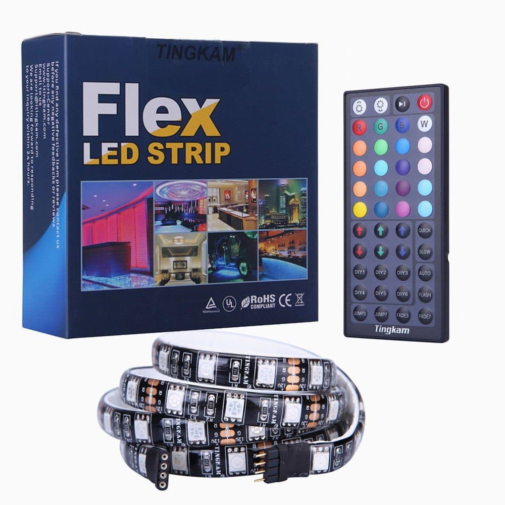 TINGKAM® 1M 5050 RGB Colour Changing LED Strip Kit 44 Key Remote Controller 1.5A US Plug Power Supply Mood Lights for Cabinet Dispaly/TV Back Decoration