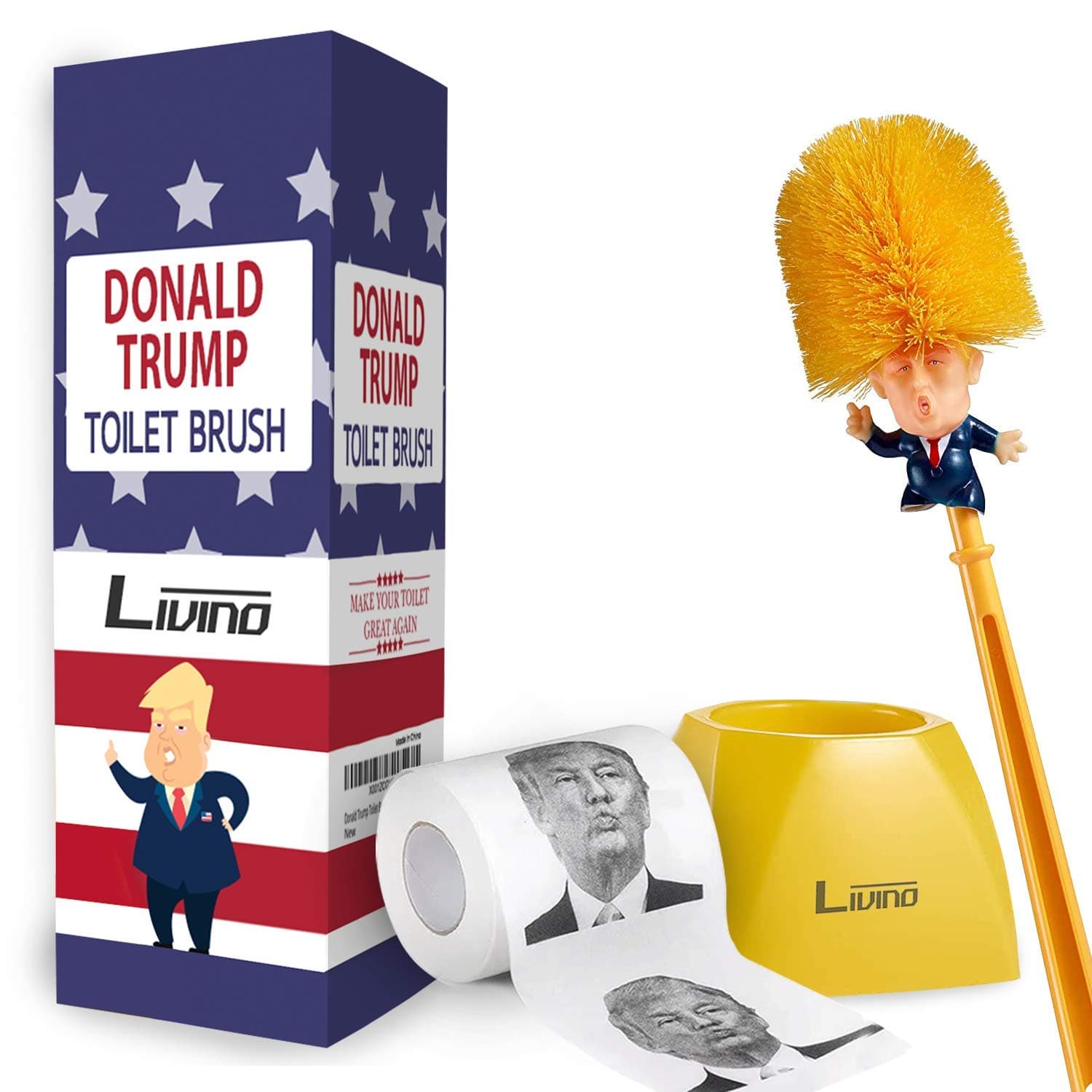 Livino Donald Trump Toilet Brush and Paper Bundle Funny Political Gag Novelty Item Dump Trump