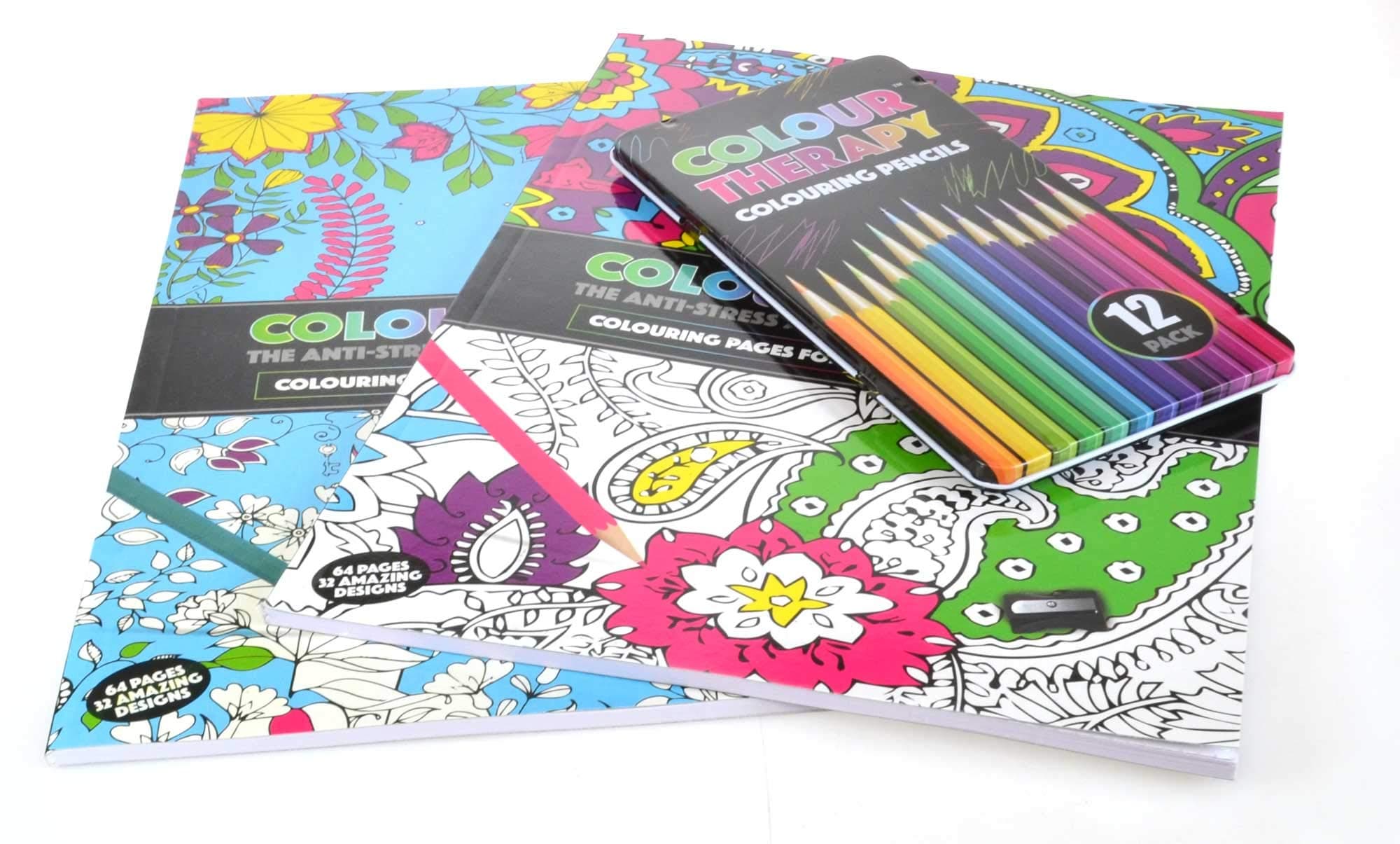 Colour Therapy Adult Colouring Multi Pack 2 x A4 Books Plus Pencils