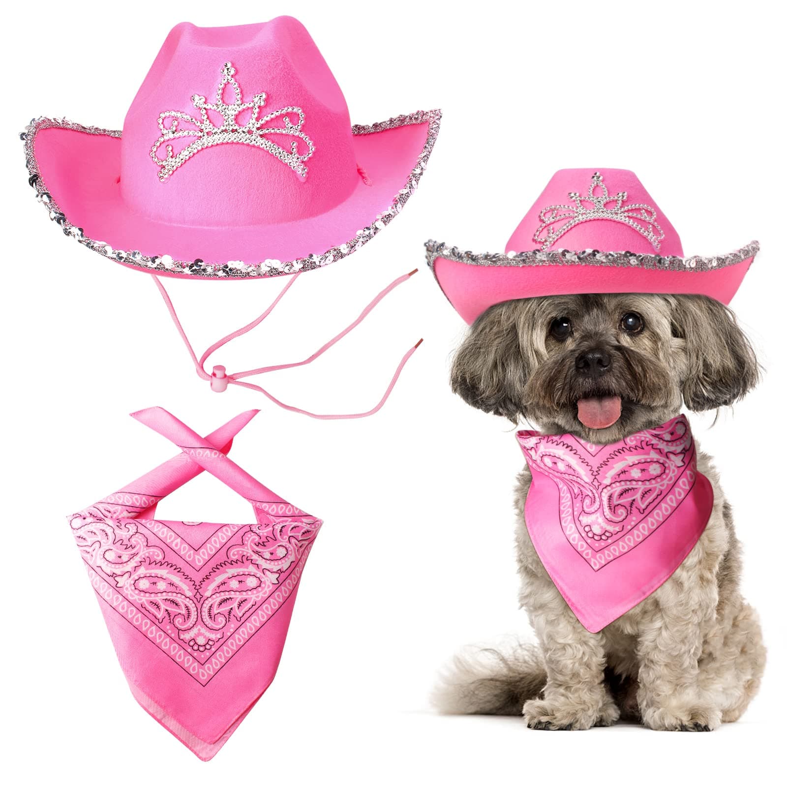 Yewong Pet Pink Cowboy Hat Costume Accessory Set Dog Cat Size Pink Cowgirl Princess Hat with Crown Tiara Bandana/Scarf for Cat Puppy Western Costume Daily Wearing Photo Props (Set A)