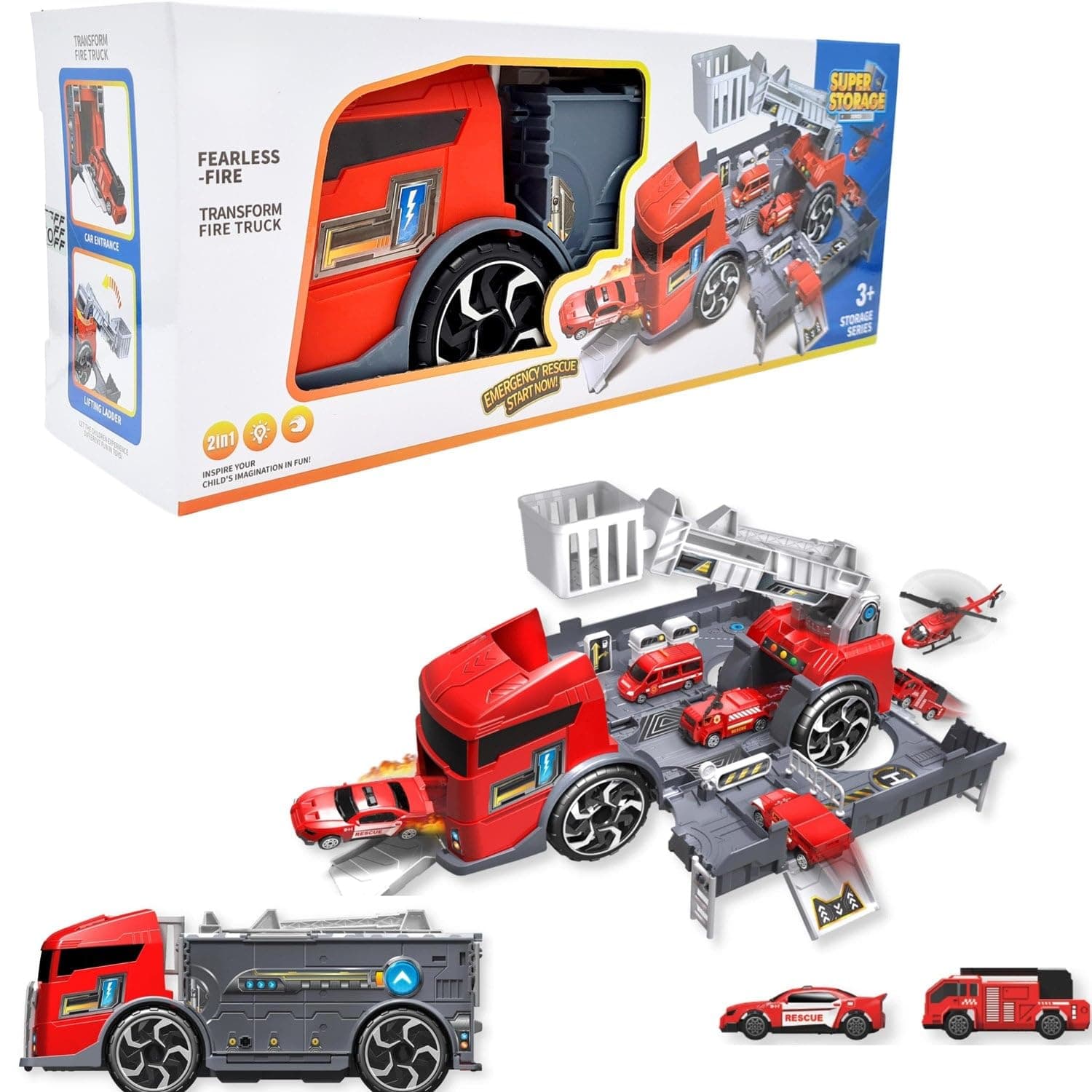 Fitto 2 In 1 Large Firefighter Truck and Fire Station and 2 Die Cast Cars