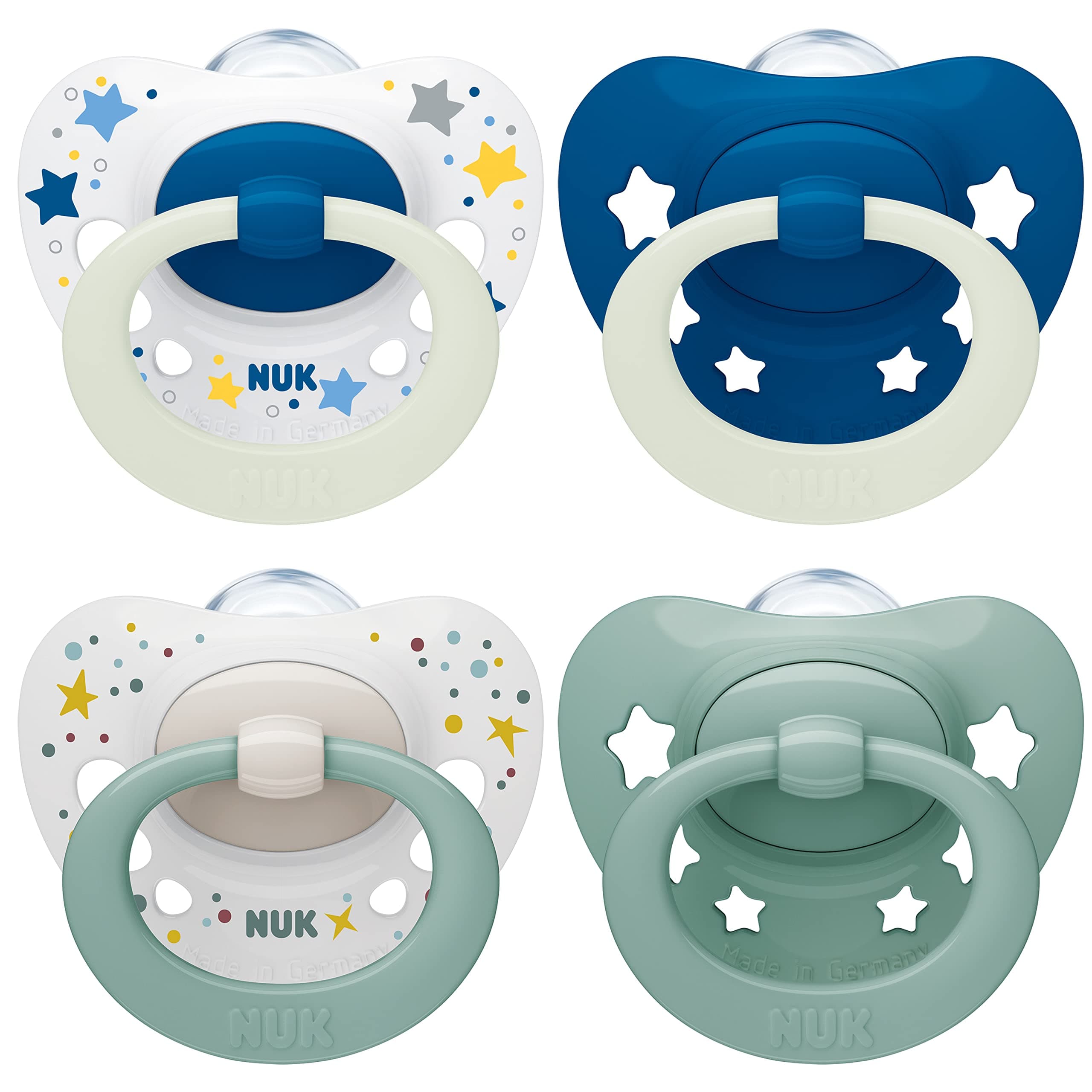 Signature Day & Night Baby Dummy | 0-6 months | Soothes 95% of Babies | Heart-Shaped BPA-Free Silicone Soothers | Glow-in-the-Dark | Stars | 4 Count