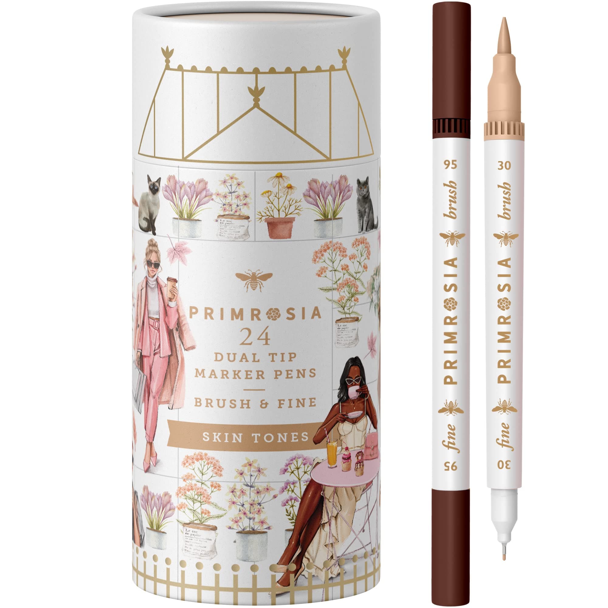 Primrosia 24 Skin Tone Dual Tip Marker Pen for Hair and Portrait Watercolor Sketch Set - Fine & Brush Ends Art Supplies for Coloring, Sketching and Drawing