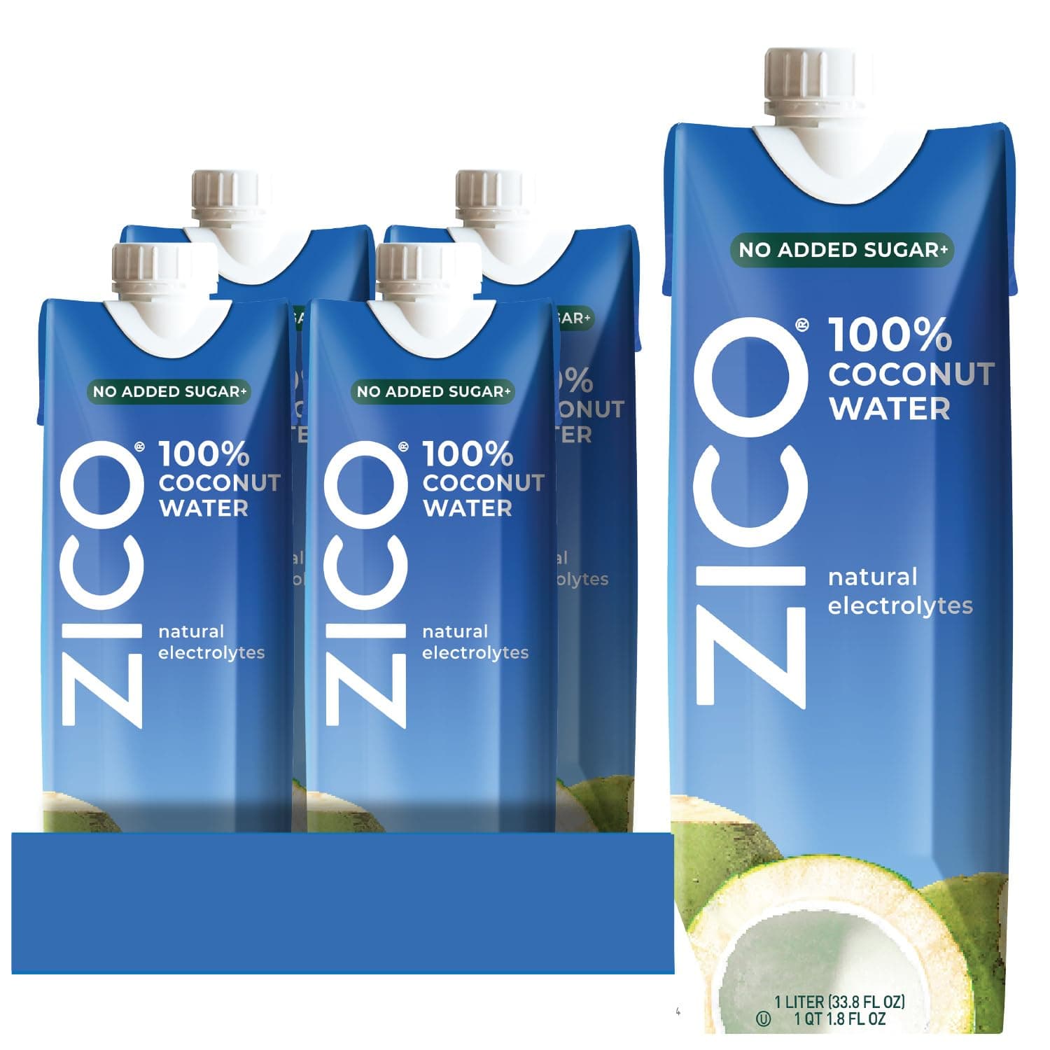Zico 100% Coconut Water Drink, 1 Litre Carton - 4 Pack, Natural Flavored - No Sugar Added, Gluten-Free - Supports Hydration with Five Naturally Occurring Electrolytes - Not From Concentrate