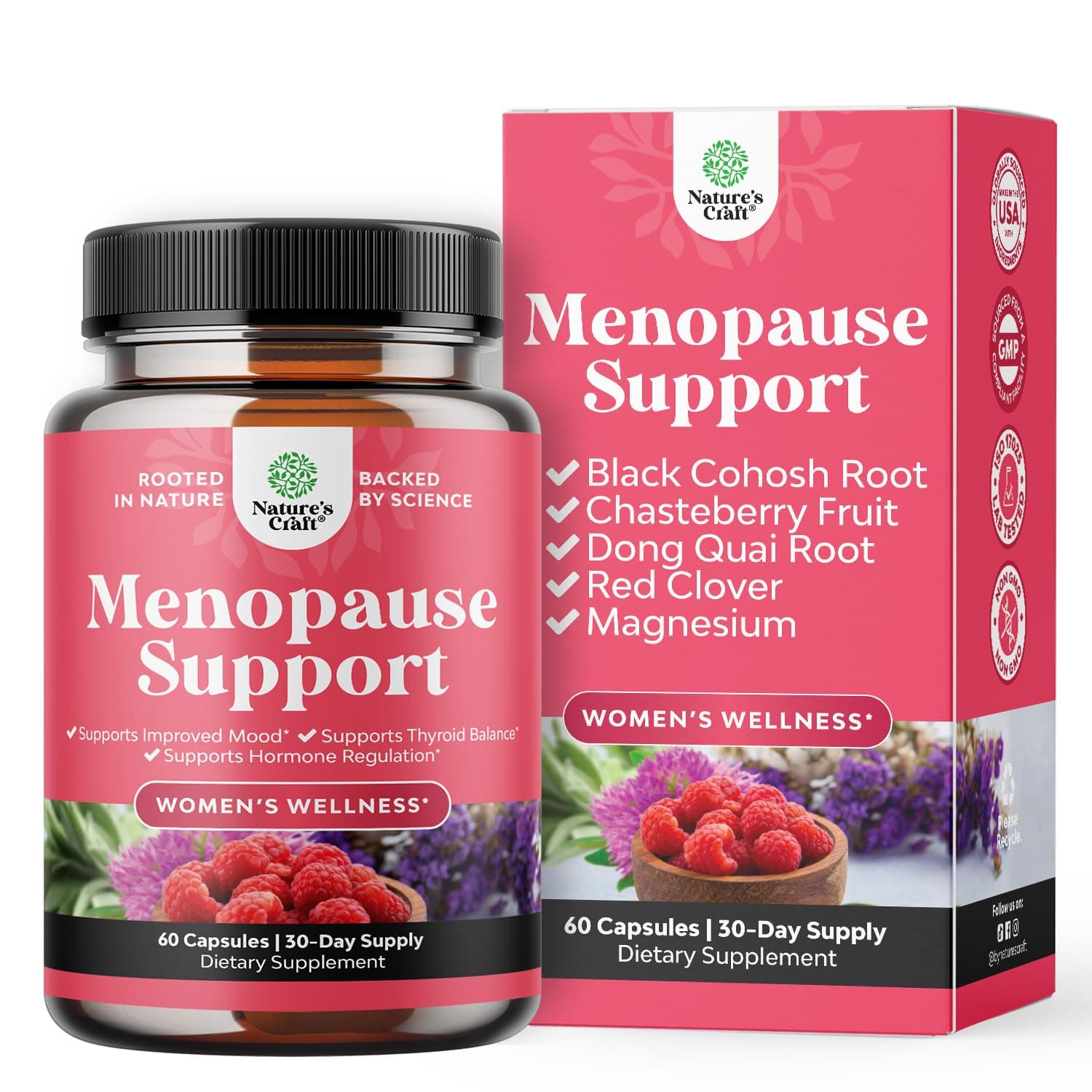Natures Craft Natural Menopause Supplements For Women - Perfect Hormonal Balance, Night Sweating & Hot Flashes Relief Black Cohosh With Resveratrol Dong Quai