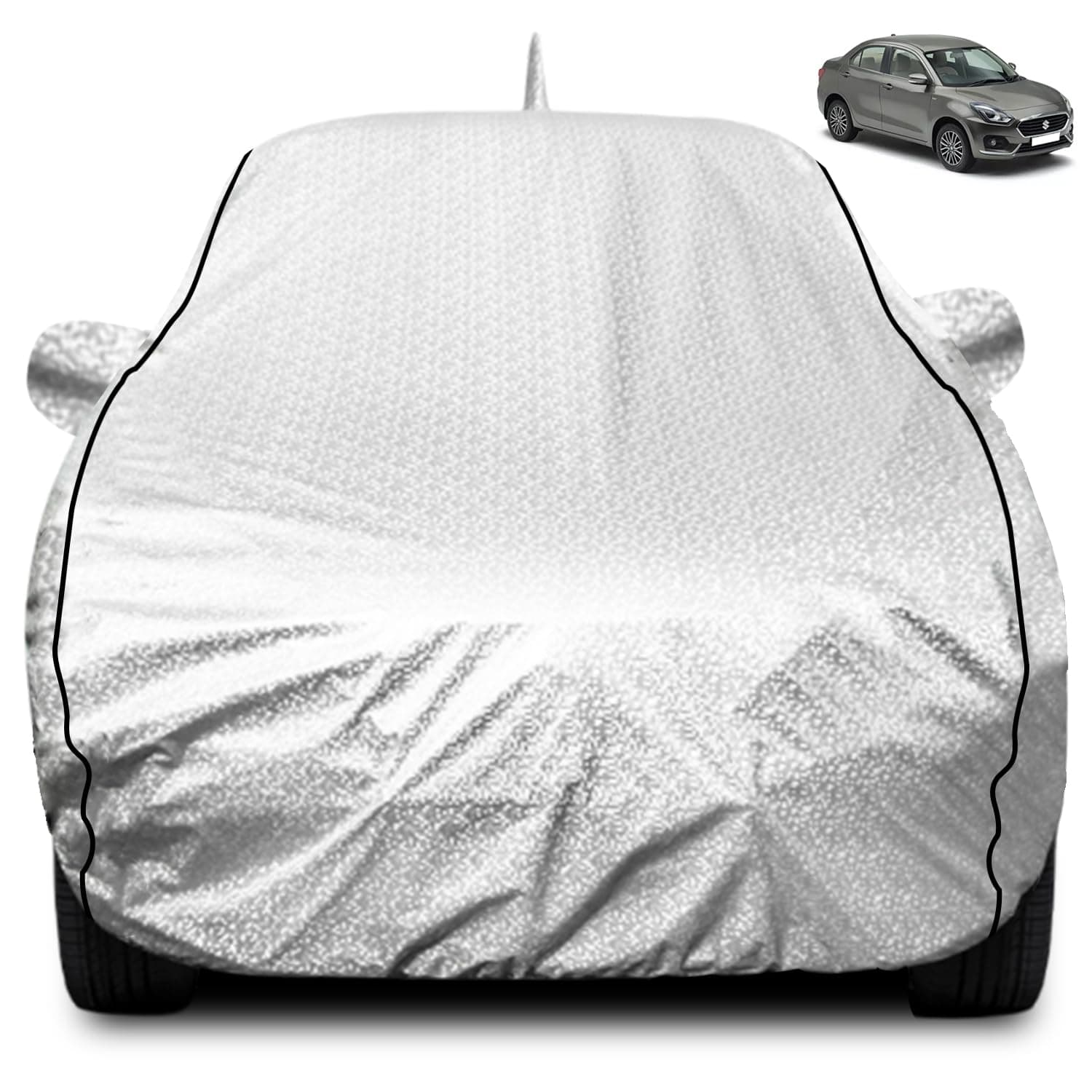 Fabtec Waterproof and Heat Resistant Metallic Silver Mirror and Antenna Pocket Car Body Cover for Maruti Dzire (2017-2019) with Soft Cotton Lining (Full Bottom Elastic, Full Sized, Triple Stitched)