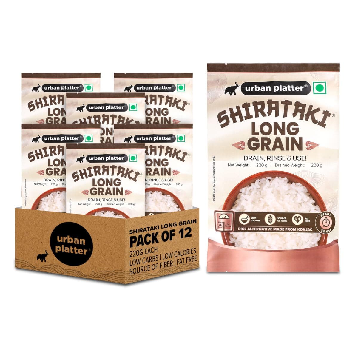 Urban Platter Shirataki Long-Grain Rice, 220g (Pack of 12) (Keto-Friendly | Low-Carb | Low-Calories | Fat-Free | Gluten-Free | Konjac Miracle Rice)