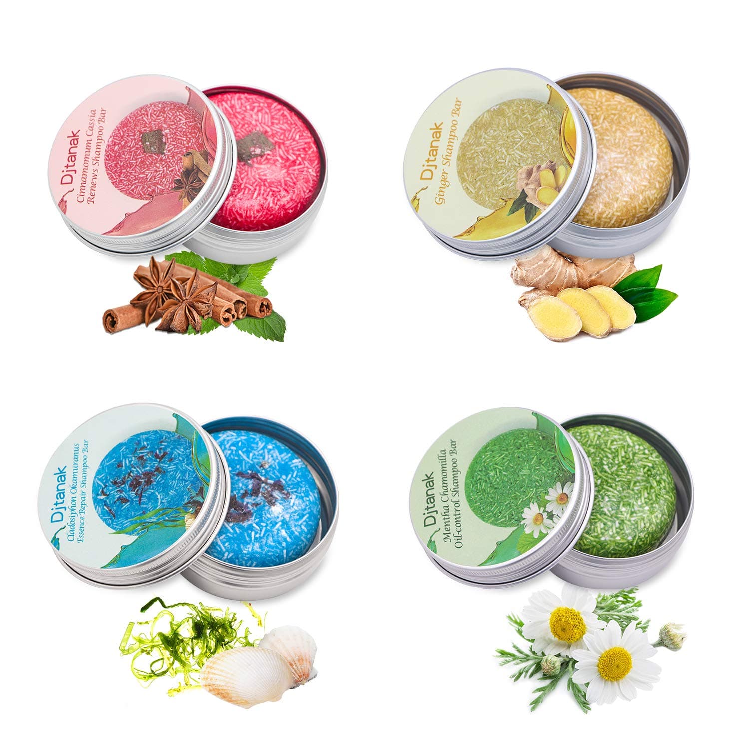 Djtanak Organic Solid Shampoo Bar (Pack of 4), Natural Herbal Essence Travel Shampoo Various Fragrances Treatment For All Hair Types, (Ginger, Seaweed, Cinnamon and Mint chamomile Shampoo)
