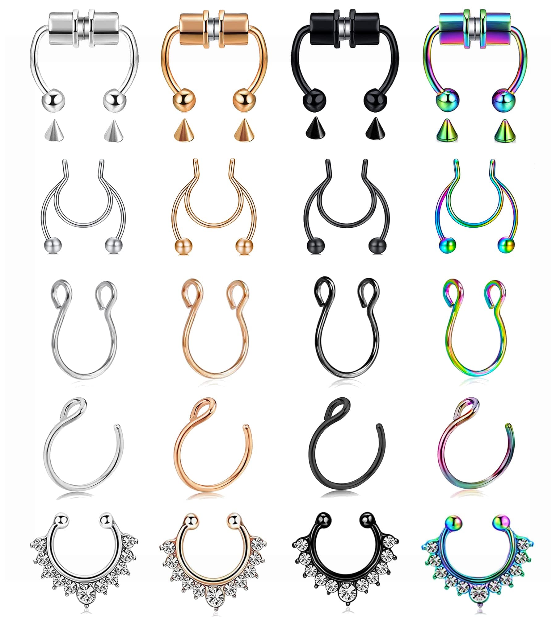 Fake Nose Ring Hoop Fake Nose Stud Magnetic Septum Nose Ring Stud Stainless Steel CZ Fake Nose Piercing Stud Faux Nose Ear Lip Cuffs Non Pierced Jewelry for Women Men