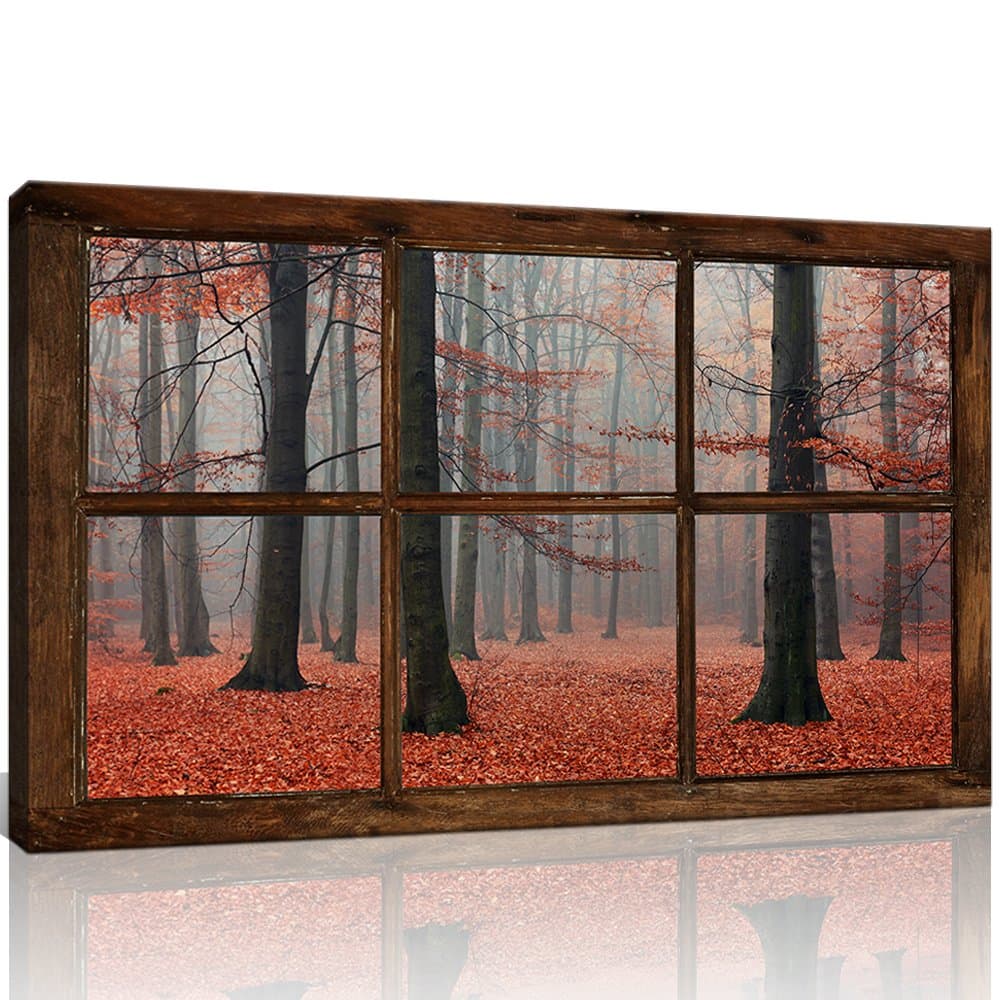 KLVOS Large Fake Window Picture Wall Decor Red Fall Tree Forest Landscape Wall Art Poster Prints Modern Home Living Room Decoration Framed and Ready to Hang 24"x40"(Not Real Window Wooden Frame,Only Print on Canvas