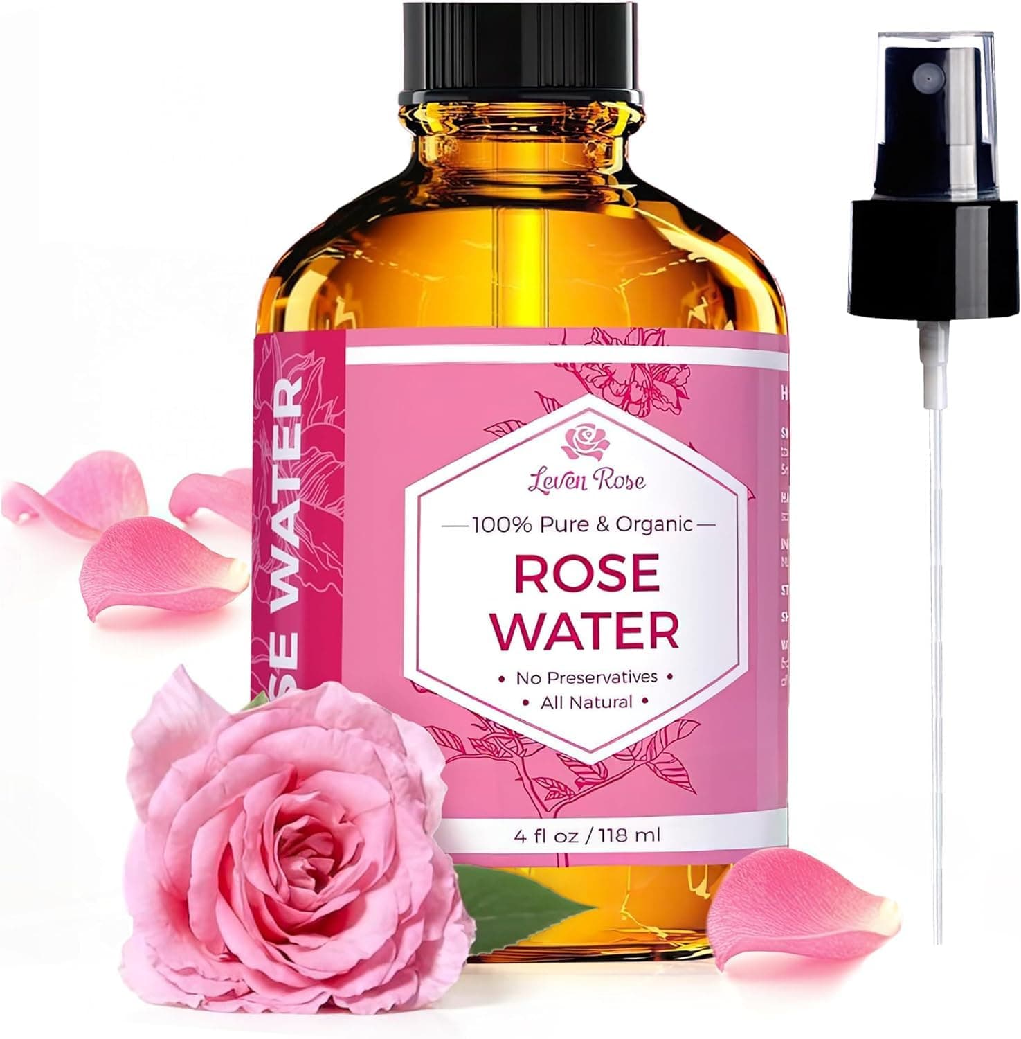Rose Water Facial Toner by Leven Rose, Pure Natural Moroccan Rosewater Hydrosol Face Spray 4 oz