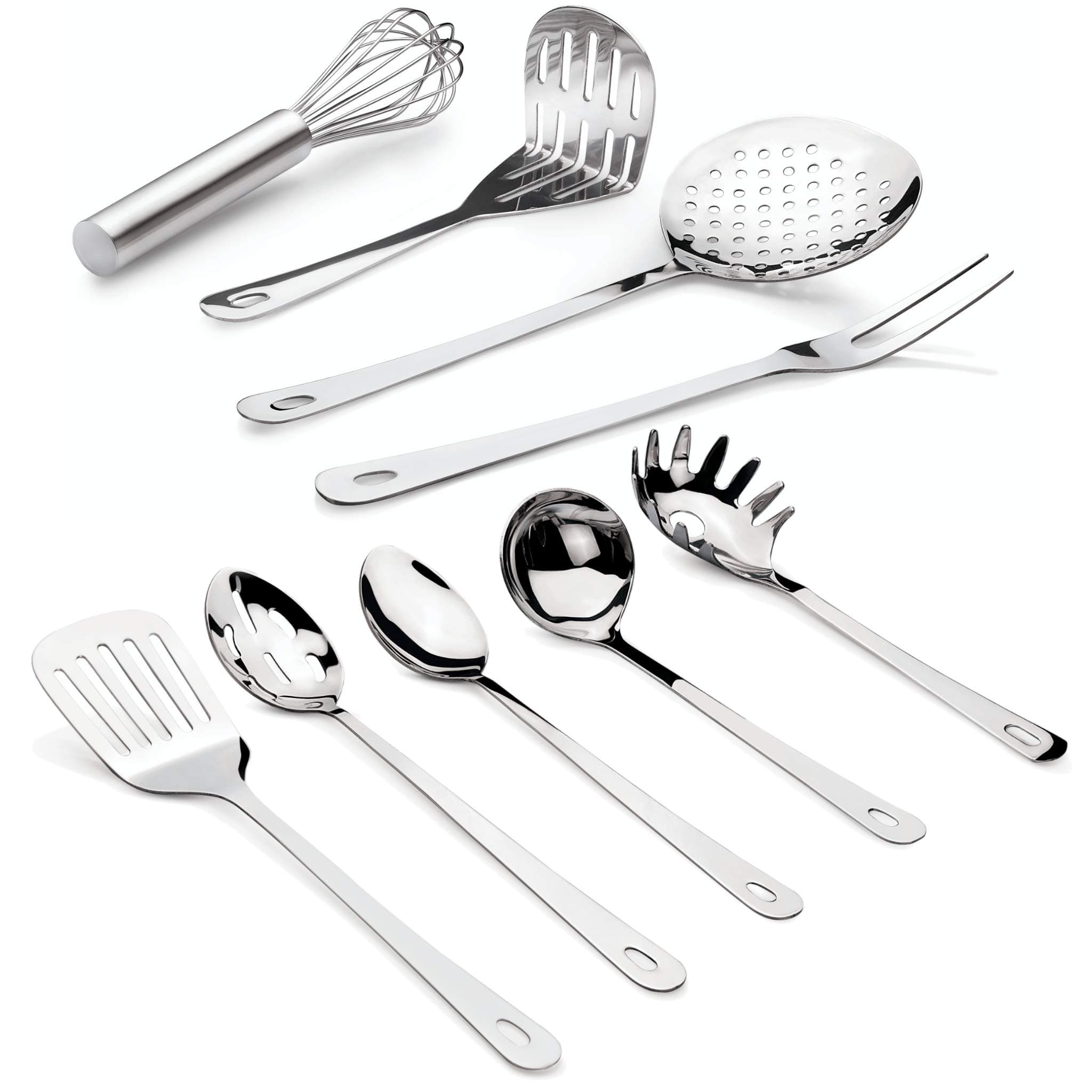 Premium 9 Piece Stainless Steel Cooking & Serving Set - Slotted Turner & Spoon, Solid Spoon, Large Fork, Ladle, Skimmer, Whisk, Potato Masher & Pasta Server - Heavy Gauge Durability - Mirror Finish