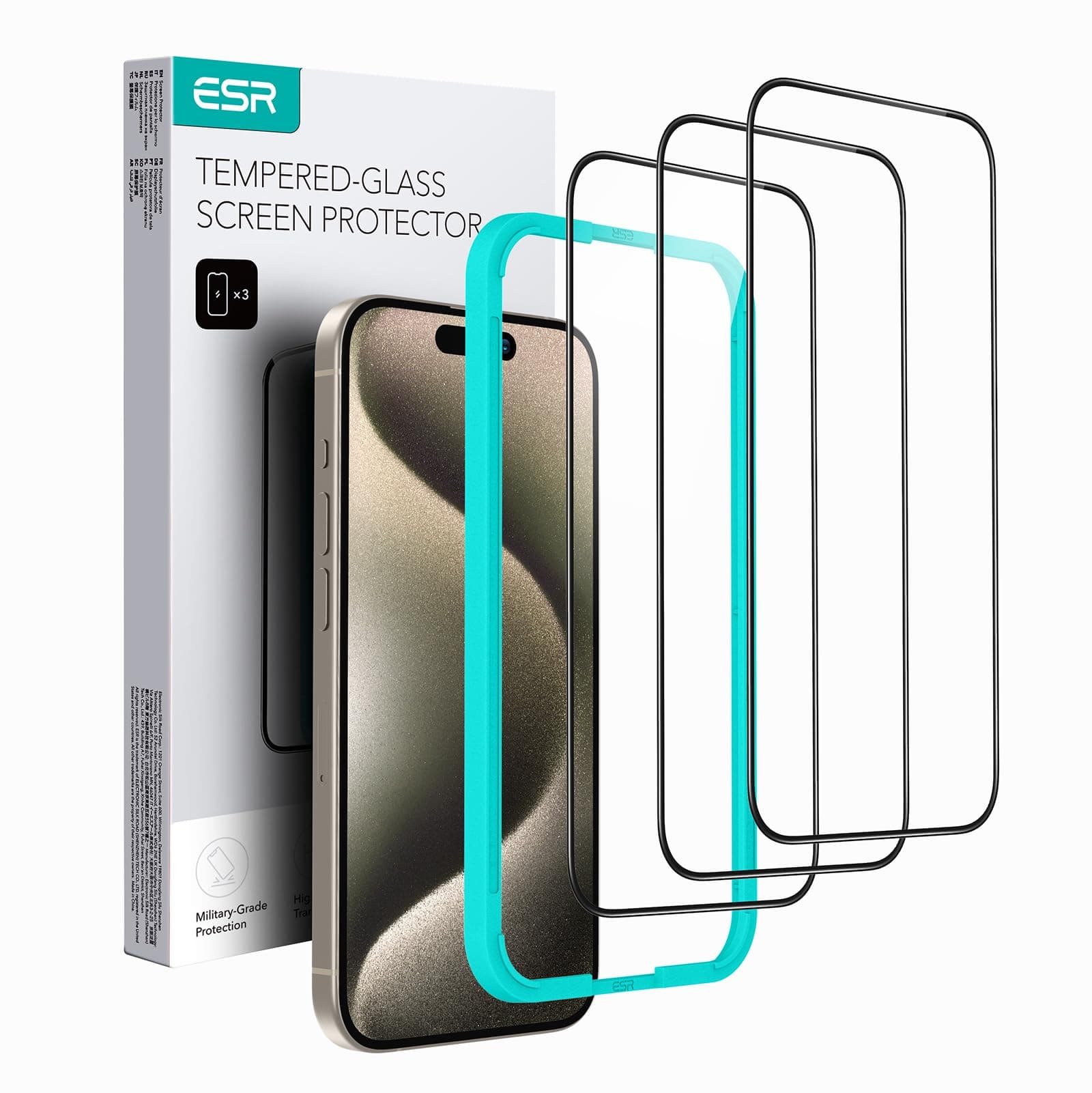 ESR iPhone 15 Pro Screen Protector Film Set of 3, Tempered Glass Screen Protector for iPhone 15 Pro, Easy Installation Tool Included, 9H Hardness, Military Grade Shatter Resistance, HD Clarity