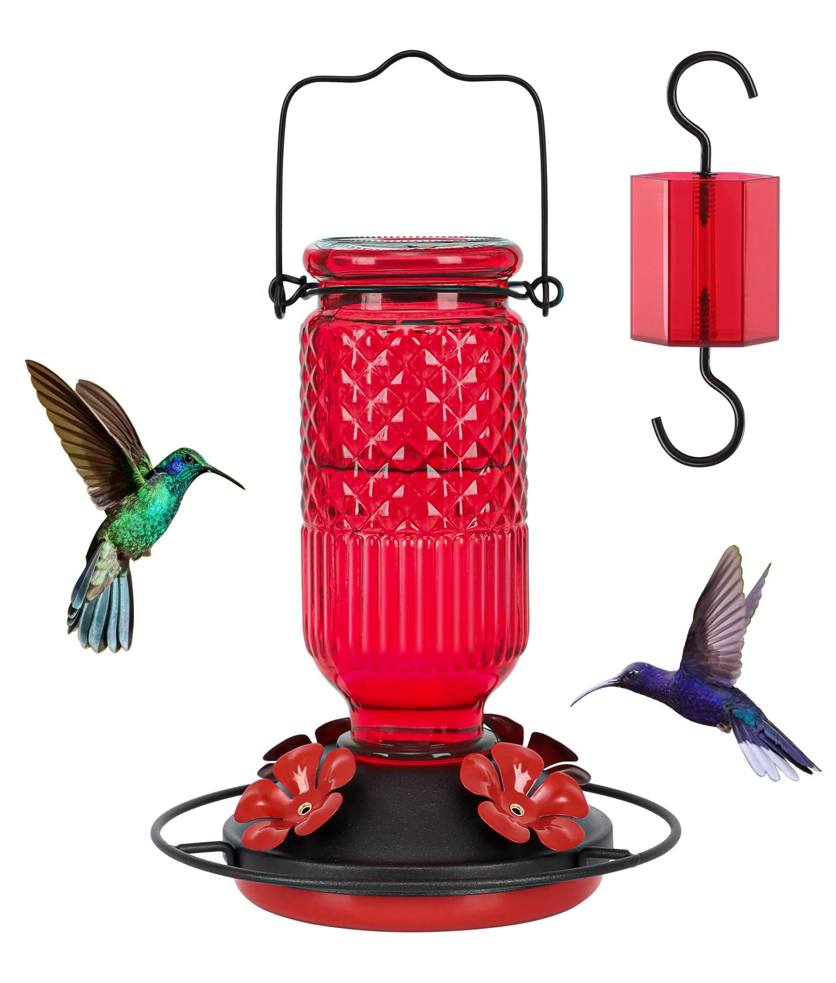 Glass Hummingbird Feeder, 16oz Outdoor Hanging Bird Feeder with Ant Moat, 4 Bee-Proof Feeding Ports, 360° Perch, Leak-Proof, Red