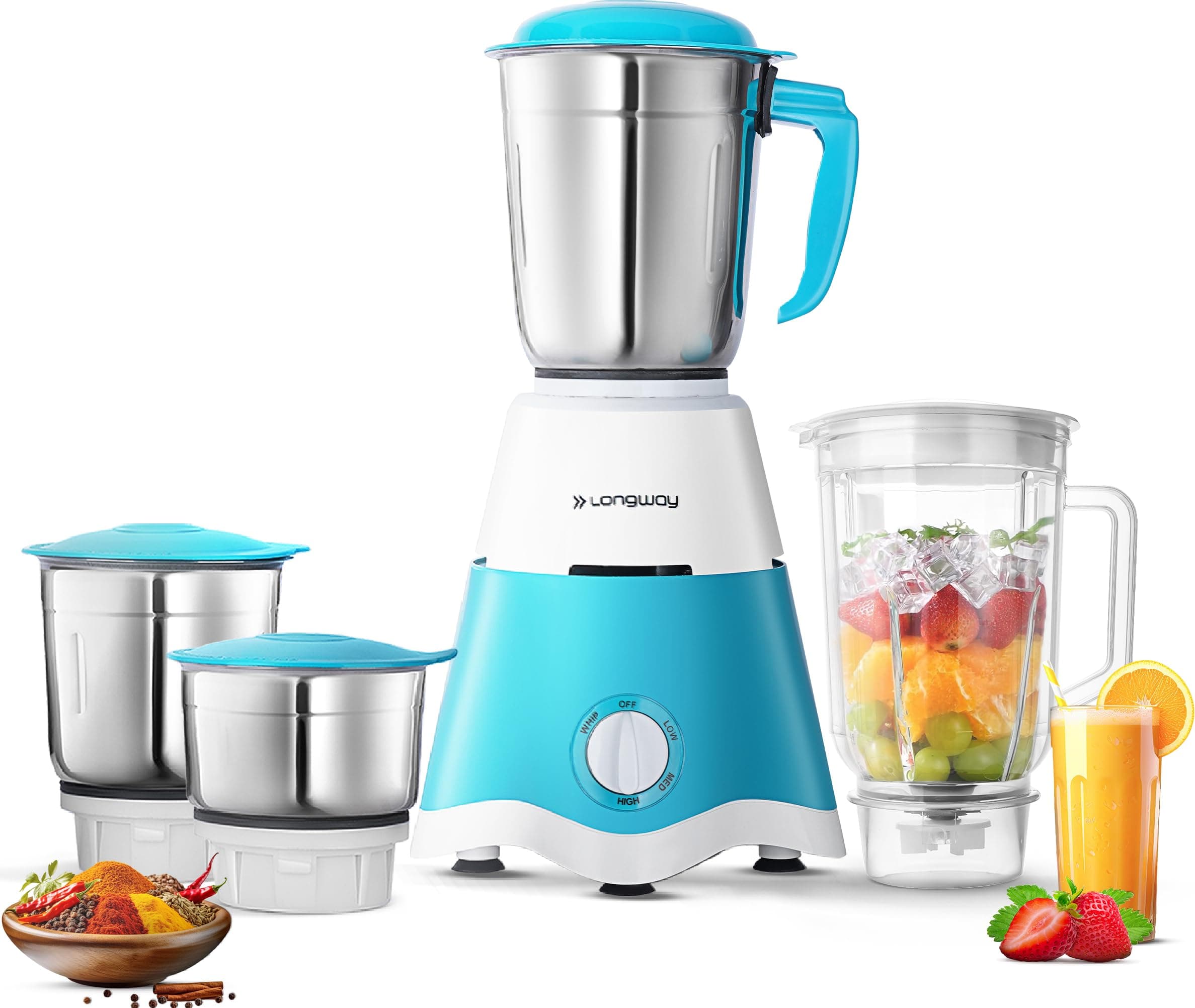Longway Super Dlx Mixer Grinder - White & Blue (4 Jar)