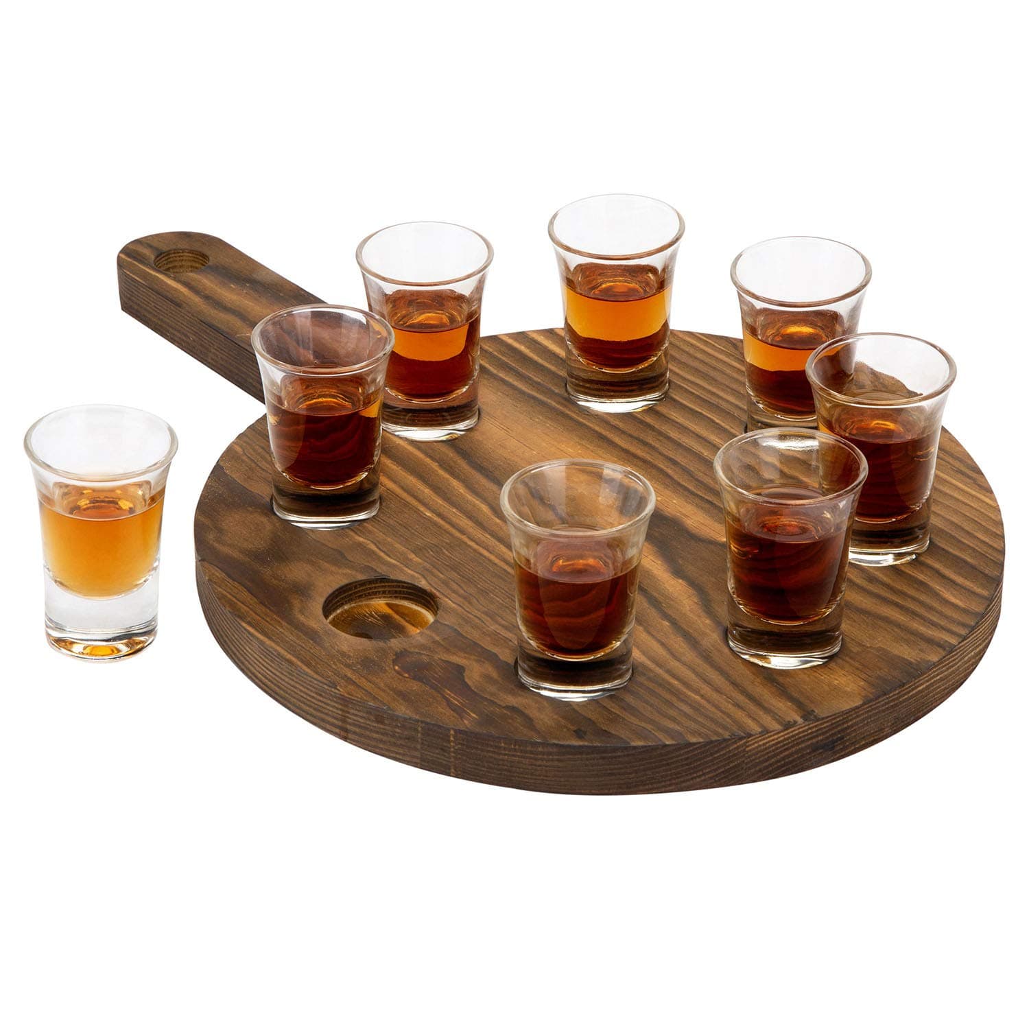 BPA 9 Piece Shot Glass Set with Burnt Wood Paddle Board Serving Tray, Shooter Shot Glasses and Flight Board