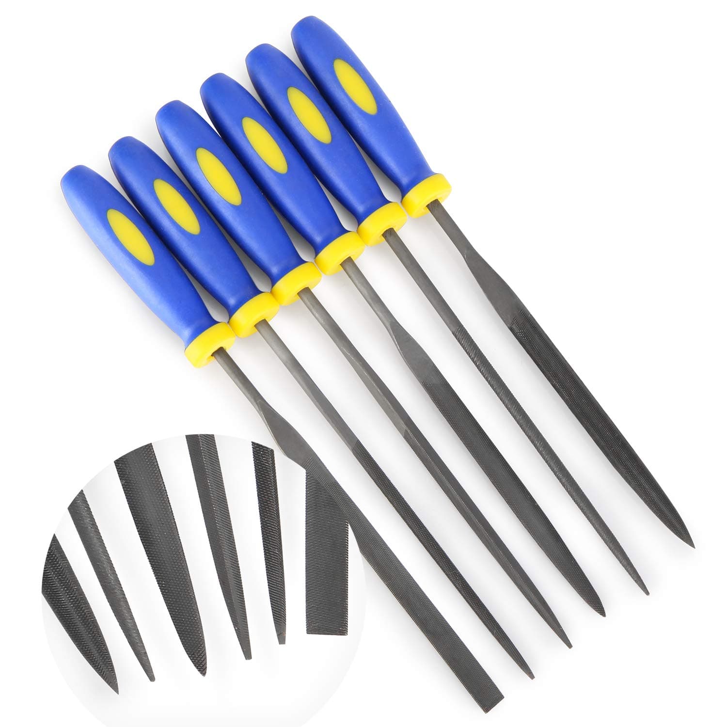 MINI Needle File Set (Carbon Steel 6 Piece-Set) Hardened Alloy Strength Steel - Set Includes Flat, Flat Warding, Square, Triangular, Round, and Half-Round File(6' Total Length)