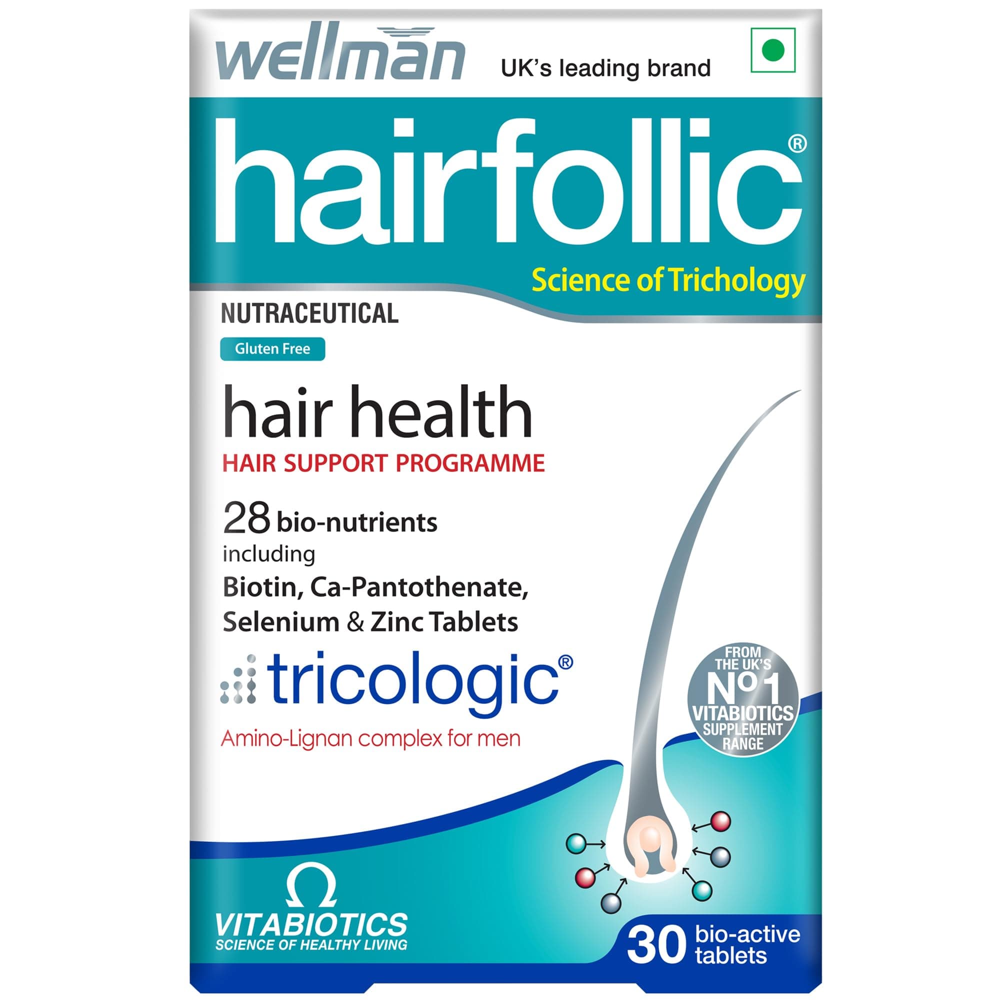Hairfollic Hair supplements for Men with zinc, selenium, lignans that supports hair growth, provide strength to hair roots | vegetarian 30 tablets