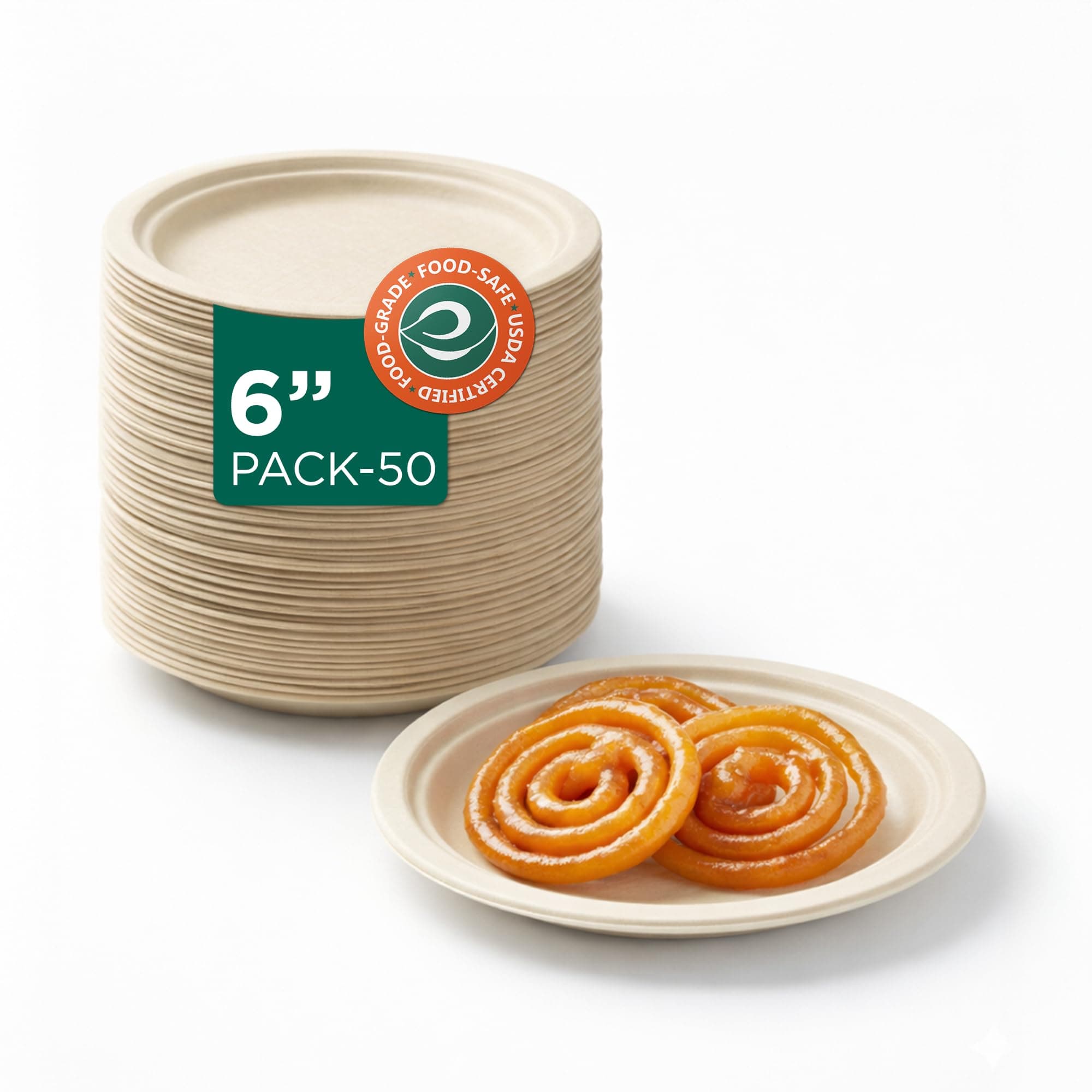 - ECO SOUL [6 inch, 50 Pack Disposable Bagasse Plates | Eco-Friendly, Biodegradable, Sugarcane Paper Plates | for Serving Snacks | Birthday, Wedding & Party | Round, Beige (15 cm)