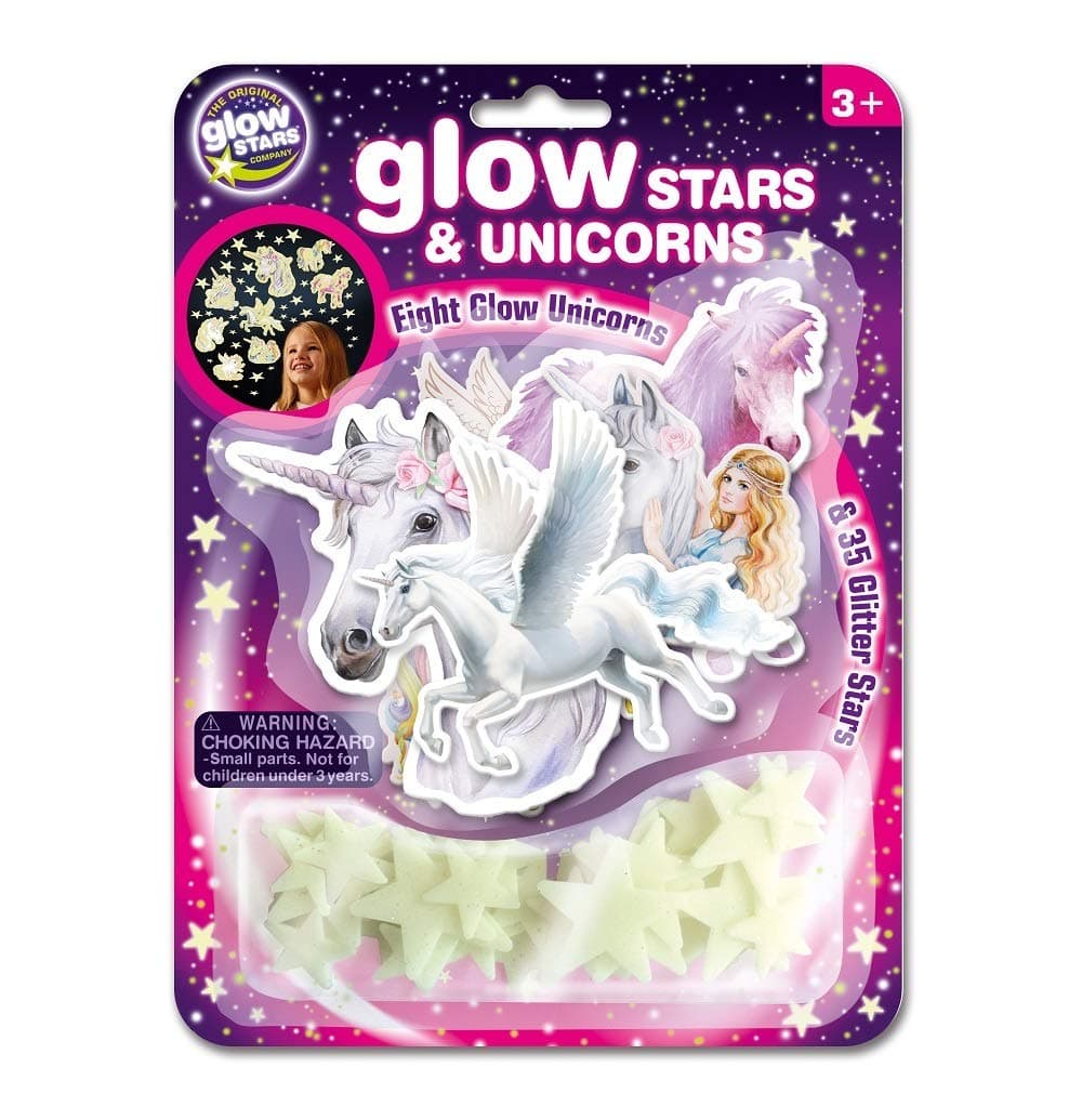 Glowstars Glow in the Dark Stars & Unicorns – 35 Glitter Self-Adhesive Stars & 8 Colorful Unicorns for Kids’ Bedroom Ceiling & Wall Decorations, Fun Glow in the Dark Room Decor for Children