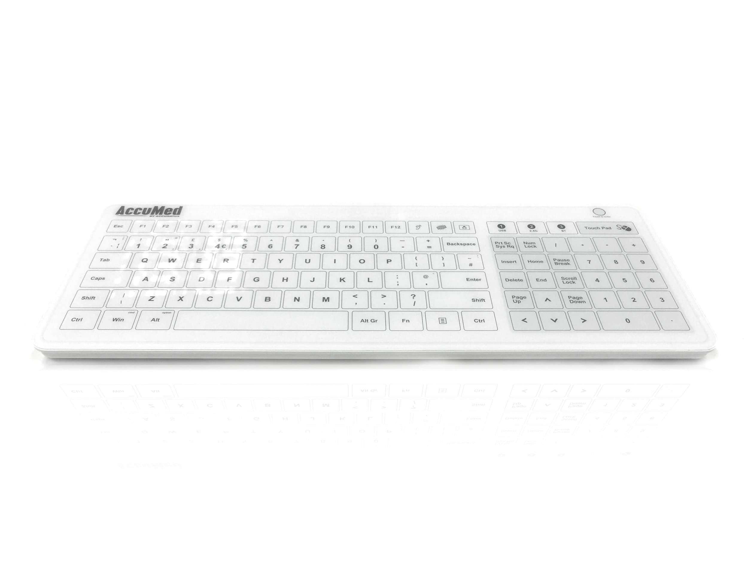 AccuMed Glass - USB/RF/Bluetooth Easy Clean Tempered Glass Medical Keyboard