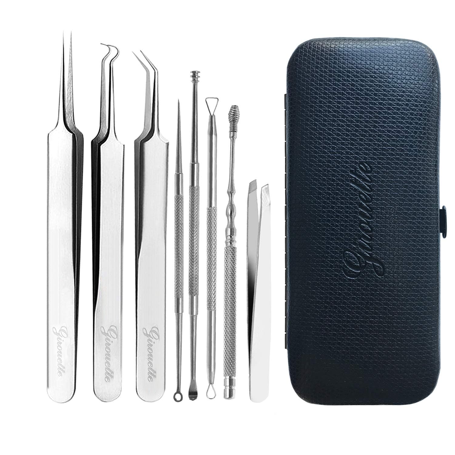 Girouette Pimple Extractor Lash Tweezers and Ear Wax Cleaner Upgrade Set, Comedone Extractor Blackhead Remover Kit with Pointed Tweezers and Ear Wax Remover 8pcs (Black)
