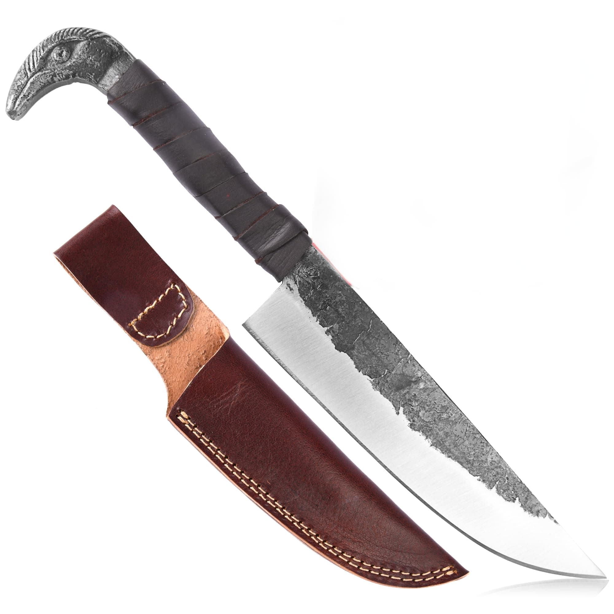 - Odin's Raven Norse Viking-styled Knife 10.3" - Hand Forged 6.5" Carbon Steel Blade, Raven's Head Hilt and Leather Sheath - Unique Medieval Seax Style - Norse Knife for Hunting & Camping
