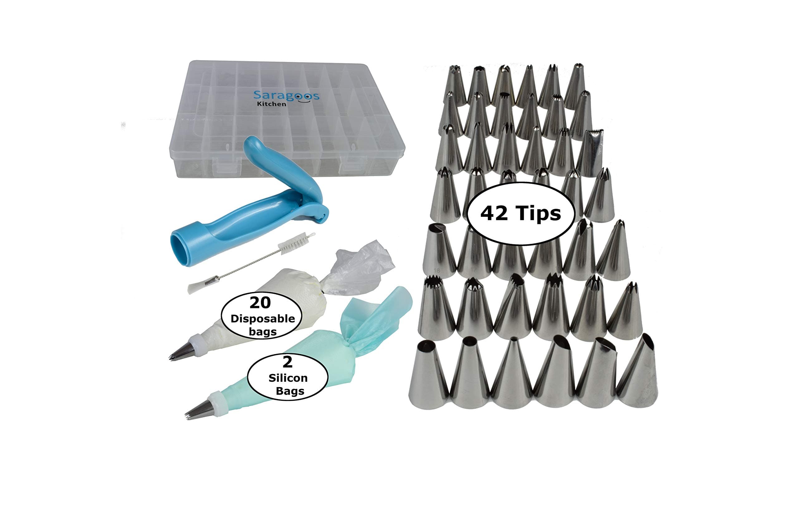 Saragoos-Kitchen Cake Decorating Supplies 42 Frosting Piping Tips 2 Silicone Frosting Bags, Baking Supplies, Cake Decorating Kit, Icing Pen, 20 Disposable Piping Bags, Storage Case