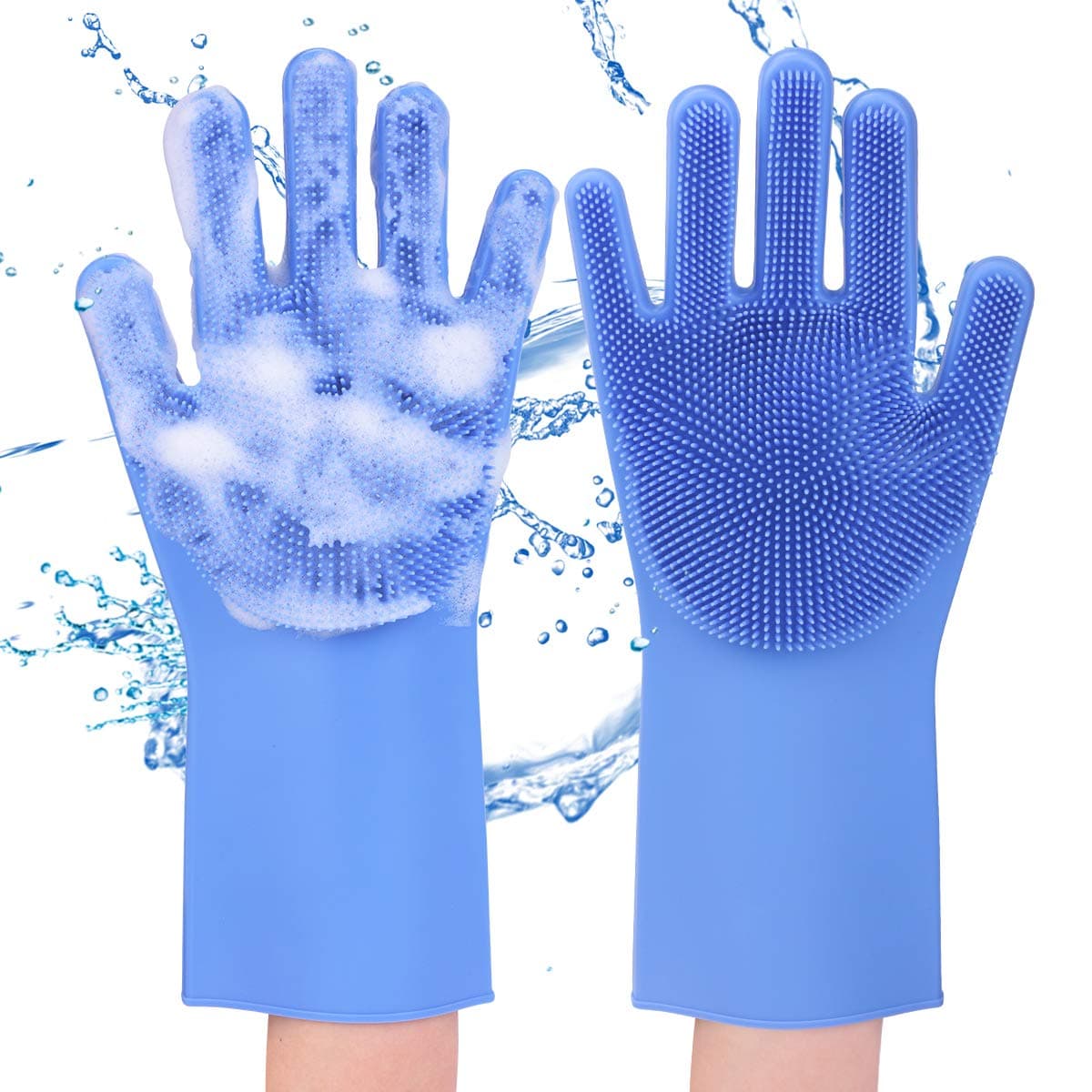 Magic Dishwashing Gloves with Scrubber, Silicone Cleaning Reusable Scrub Gloves for Wash Dish,Kitchen, Bathroom (Blue,1 Pair: Right + Left Hand)