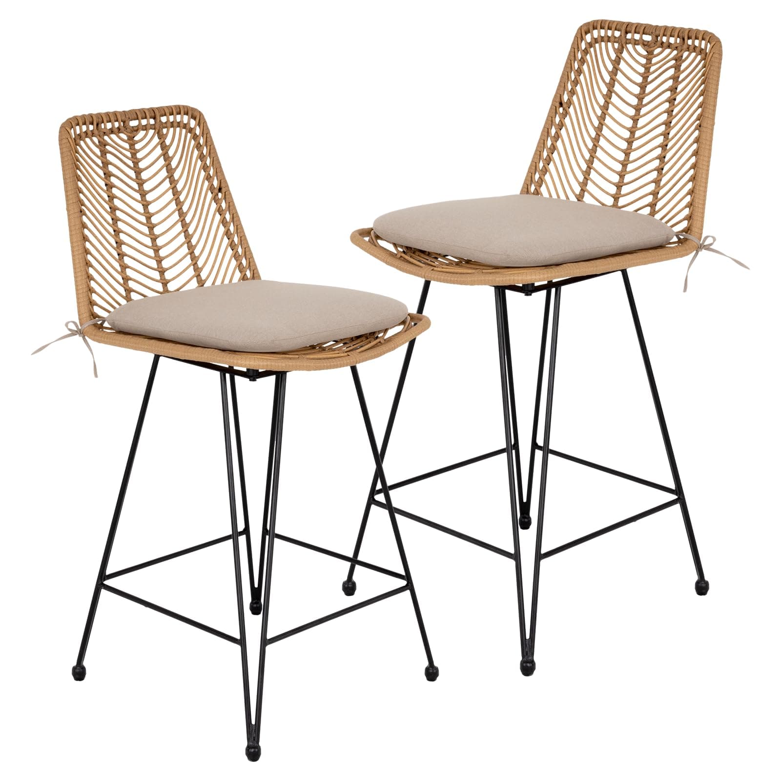 400lbs Capacity Rattan Outdoor Counter Stools, 24" Tall, Set of 2, Comfort Cushion, Solid Steel Frame, Easy Assembly, Use for Outdoor & Indoor, Ideal for Patio & Kitchen Island