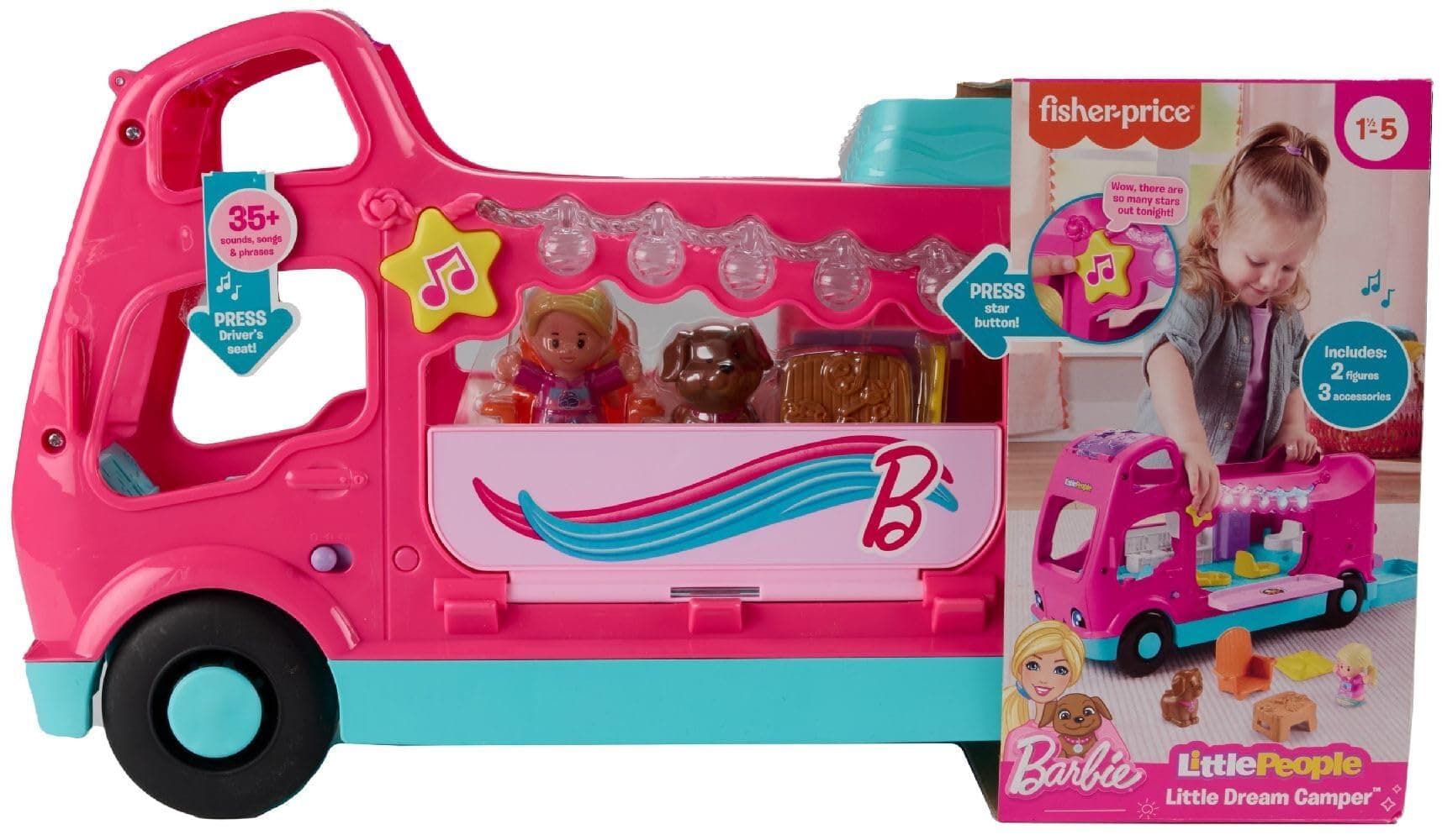 Little People Toddler Toy Barbie Little Dreamcamper Motorhome Playset with Music, Lights and 2 Figures, from 18 Months, Multilingual Version, HYR86