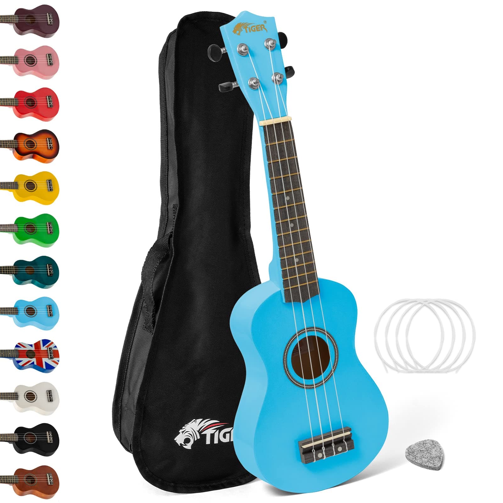 Tiger UKE7-BL Soprano Ukulele - Ideal for Beginners and Schools – Includes Gig Bag, Felt Pick, Spare Strings now with Aquila Strings - Blue